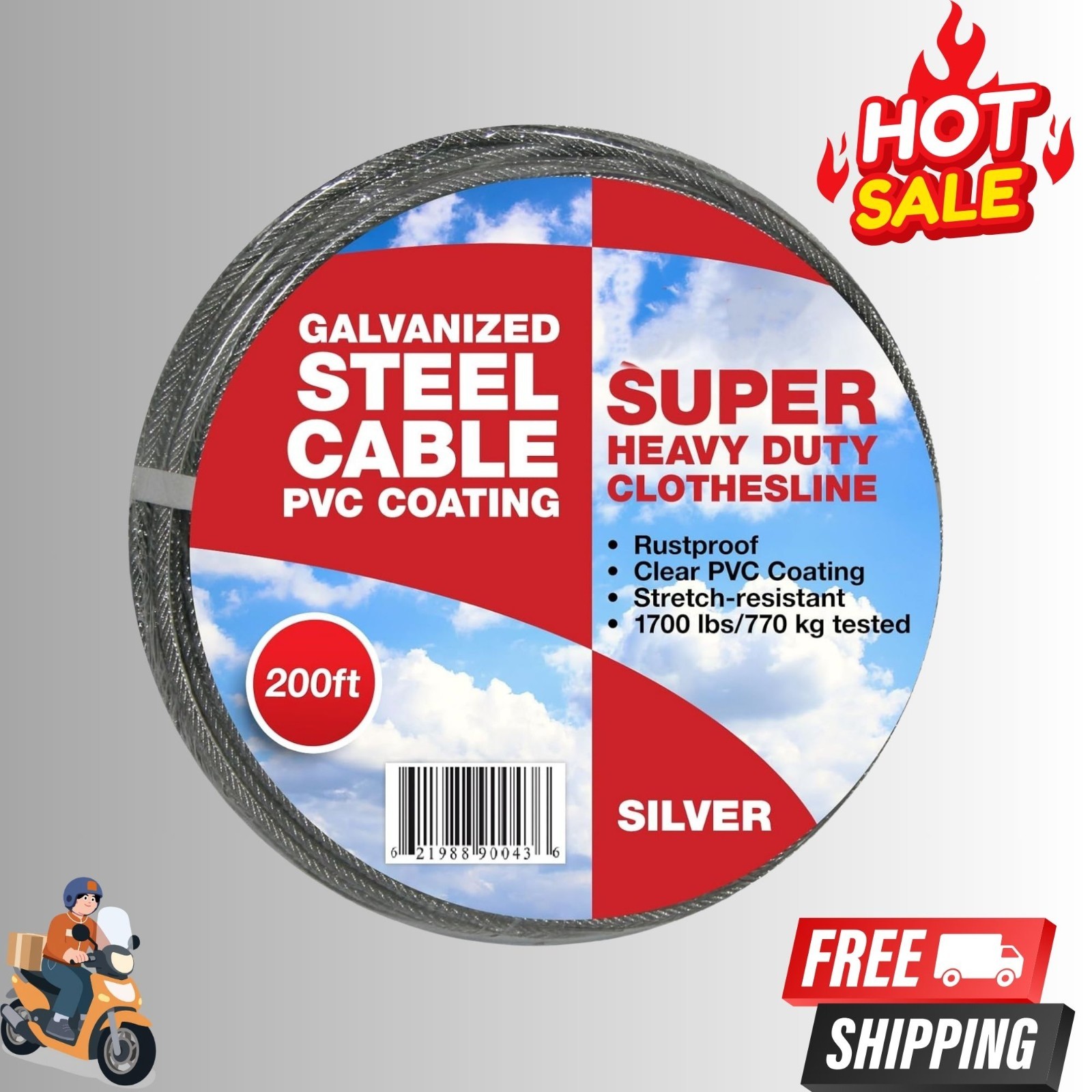 NEW 200FT Clothesline Wire Heavy Duty Steel PVC Coated Outdoor Silver