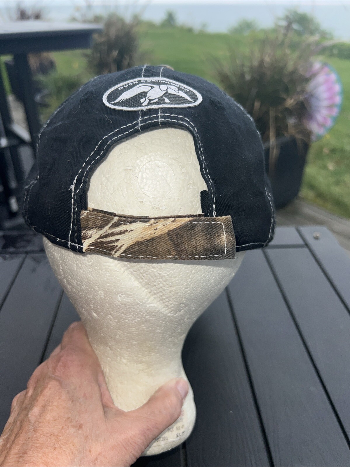 CUT’EM Duck Commander White Patch on Black w Camouflage Front Bill Hat Cap Adj