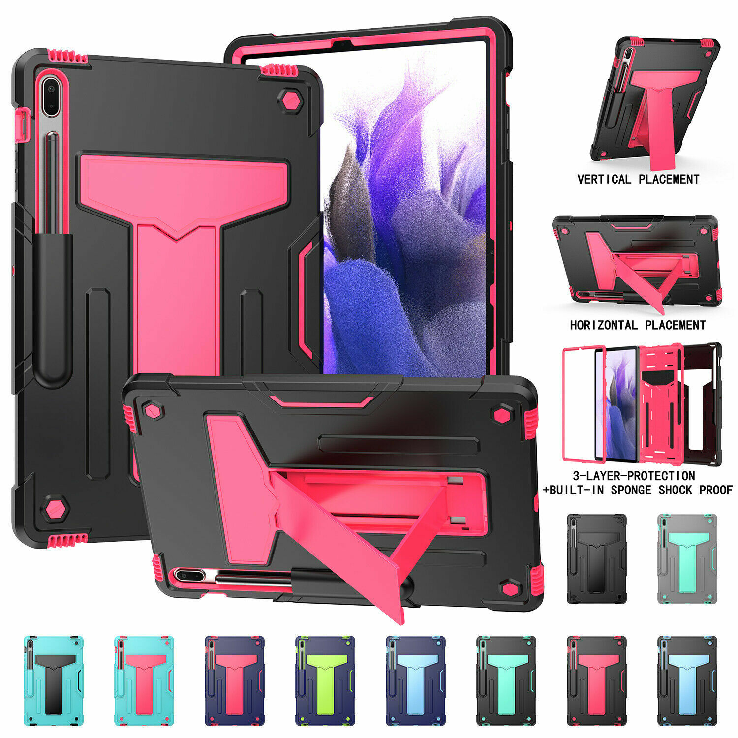 For Samsung Galaxy Tab S7 FE/S7 Plus 12.4 Shockproof Kickstand Case Hybrid Cover