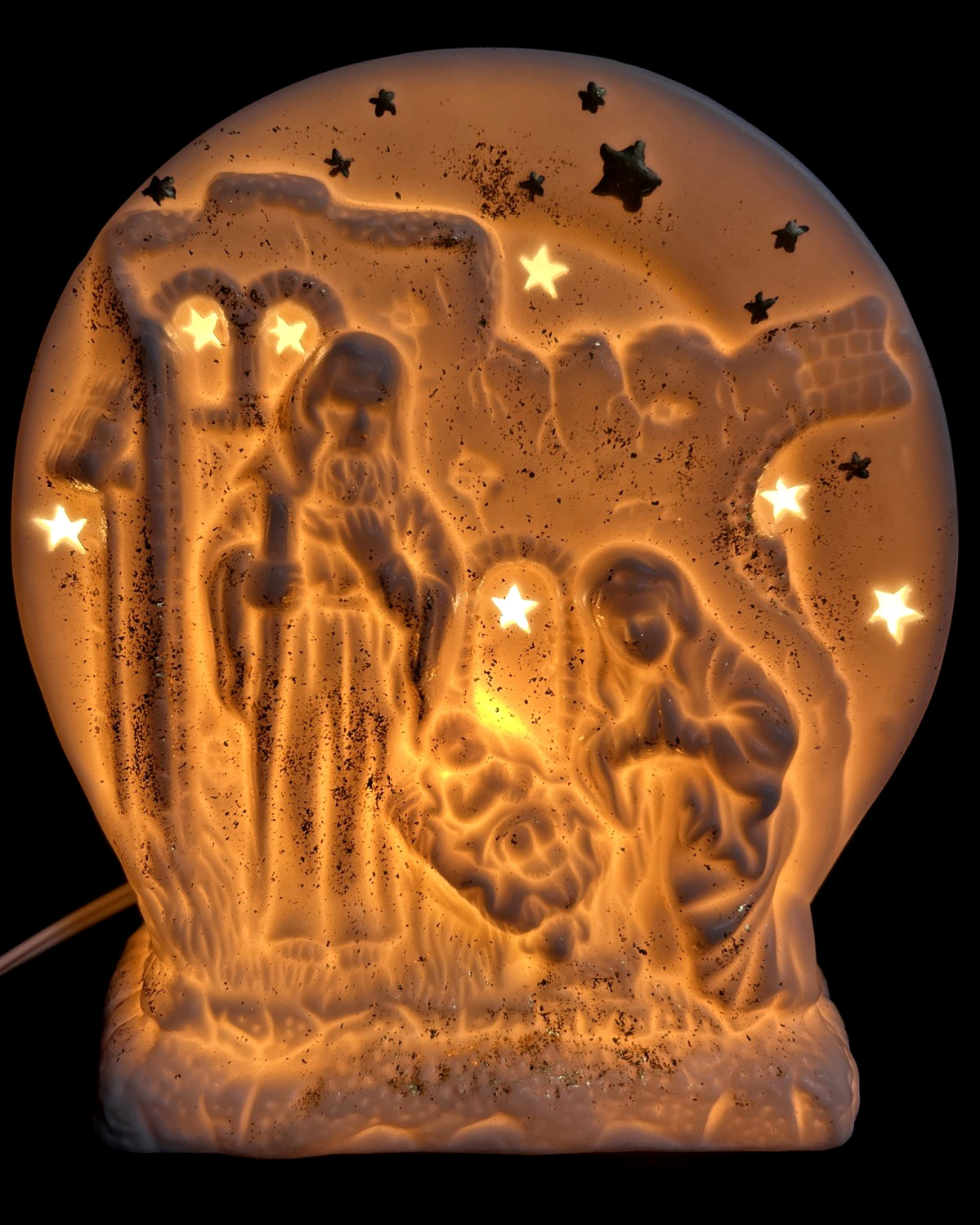 Bisque Porcelain Starry Night Nativity Joseph Mary Baby Jesus Night Light 7"