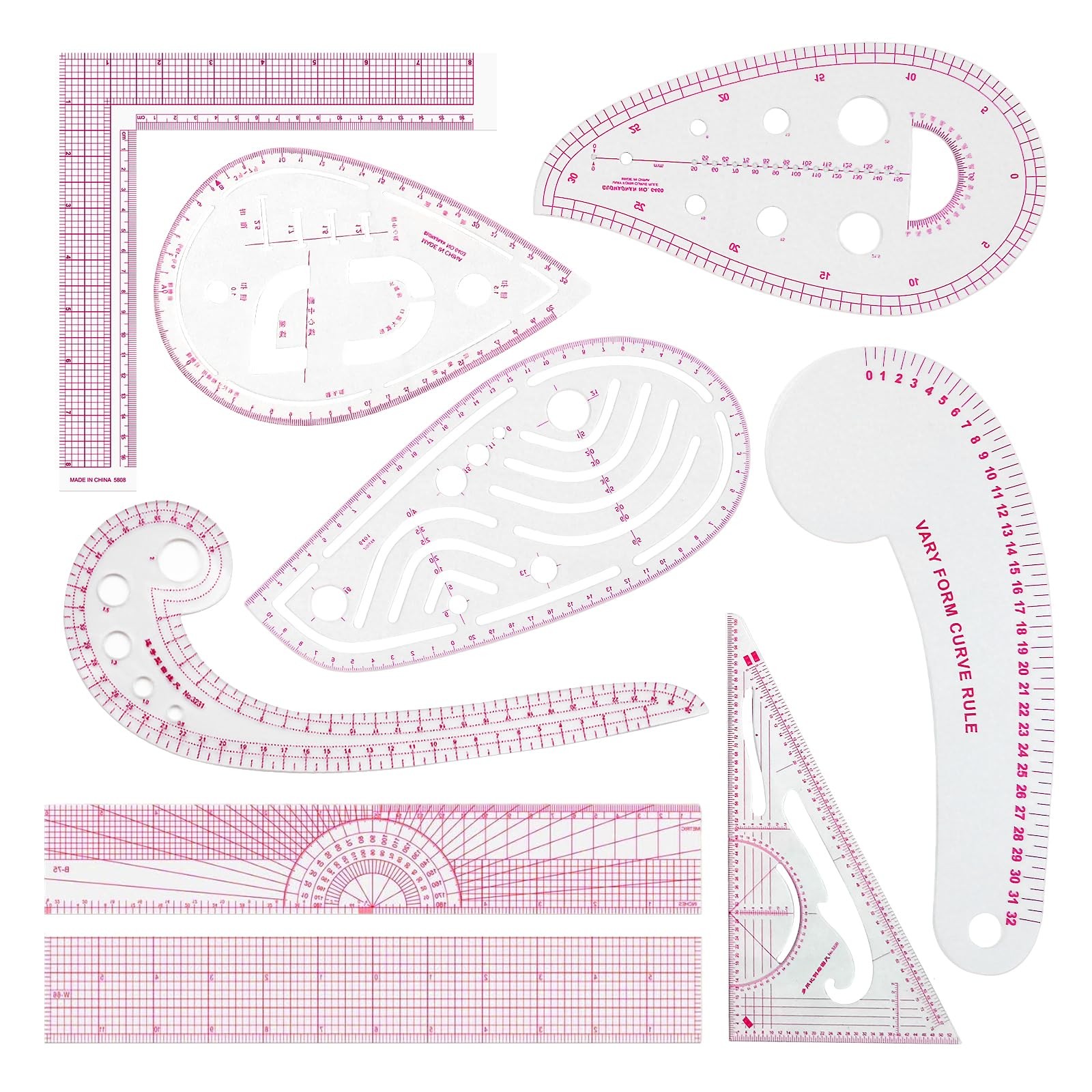 9 PCS Clear Metric Sewing Ruler Set French Curve Pattern Kit Tailor Designer