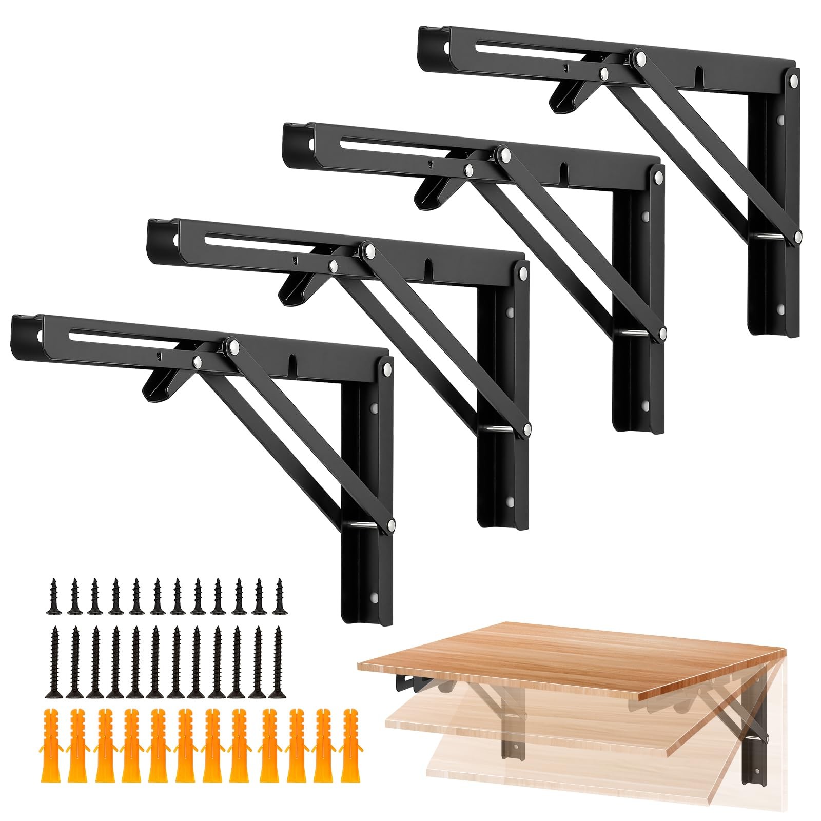 4 PCS 12 Inch Folding Shelf Brackets Matte Black Heavy Duty Collapsible Table