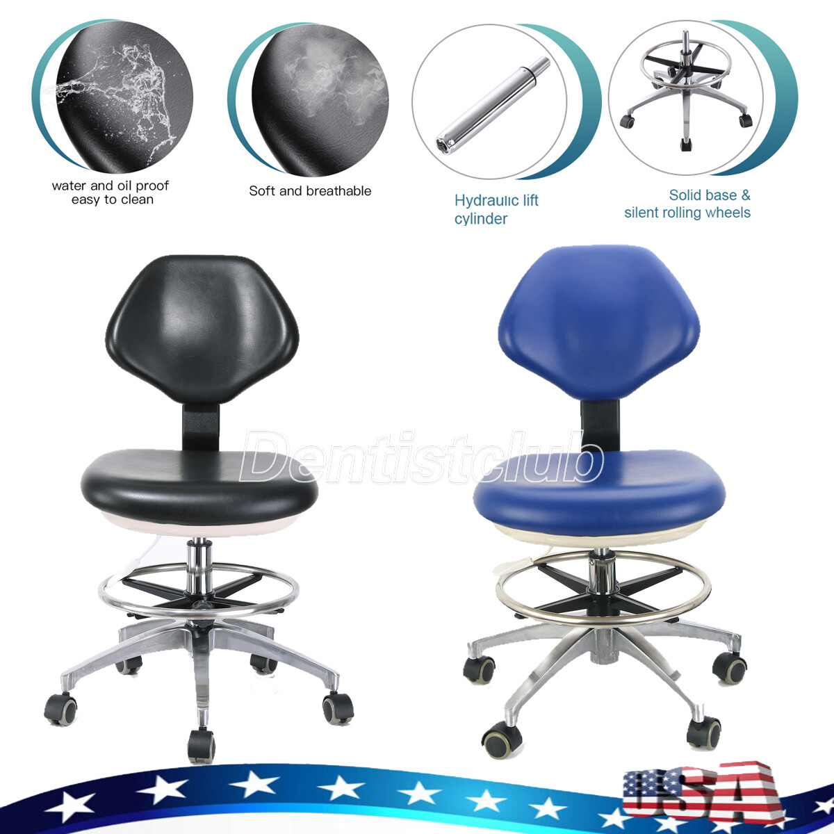 Dentist Rolling Stool Dental Doctor Chair Adjustable Height Backrest PU Leather