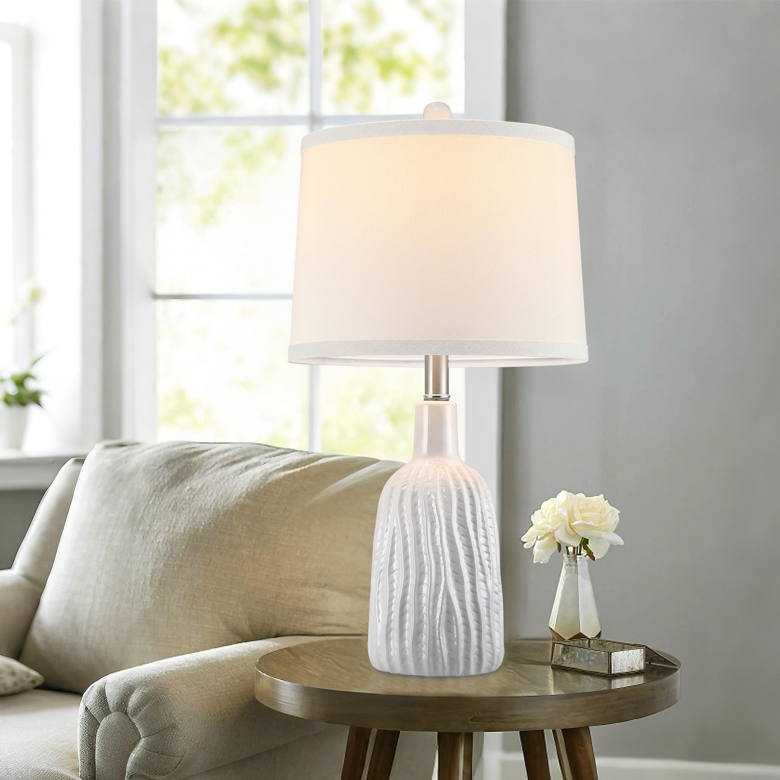 GRUENLICH Ceramic Table Lamp Set 2 Nightstand, 22.5" Modern White Bedside Lamp