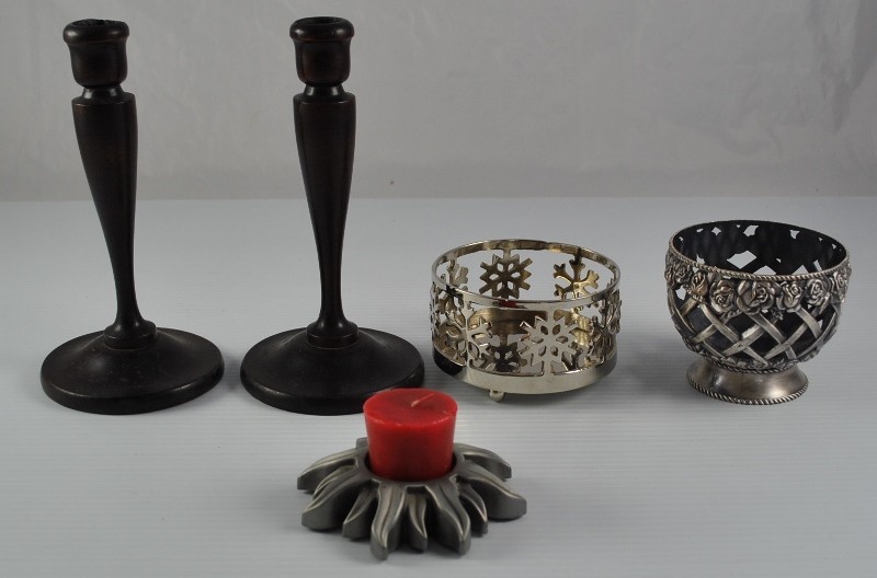 Lot Of 5 Candle Holders Sticks Brown Wood Silver Tone Flower