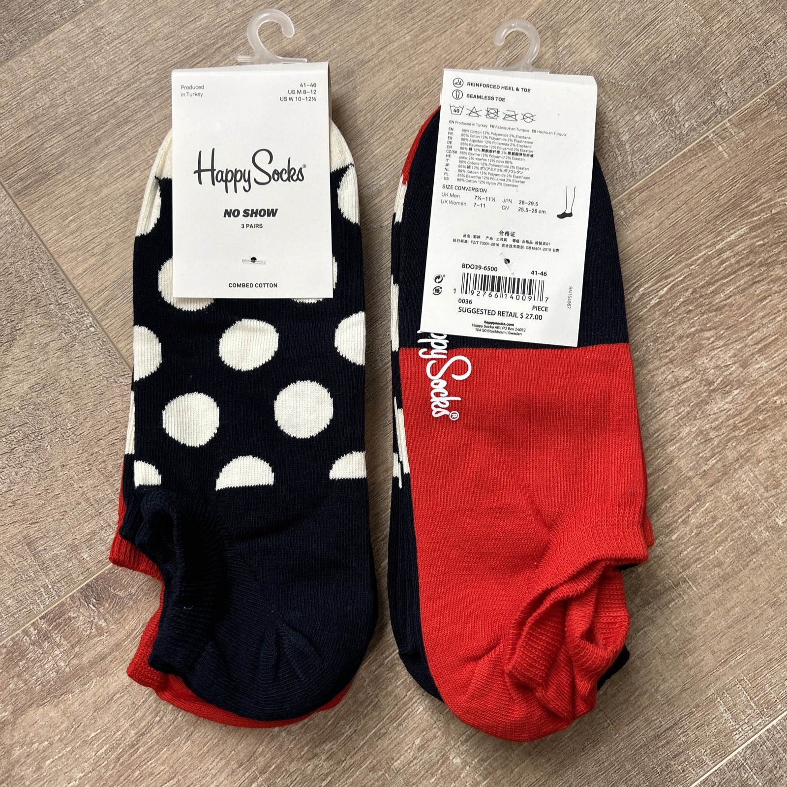 2x Happy Socks Unisex No Show Sneaker Socks 3-Pack, 41-46  Polka Dots Navy Blue