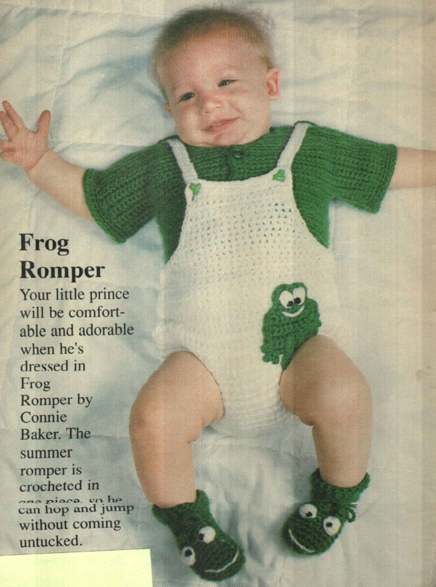 FROG ROMPER & BOOTIES 3 BABY SIZES DIGEST SIZE CROCHET PATTERN INSTRUCTIONS