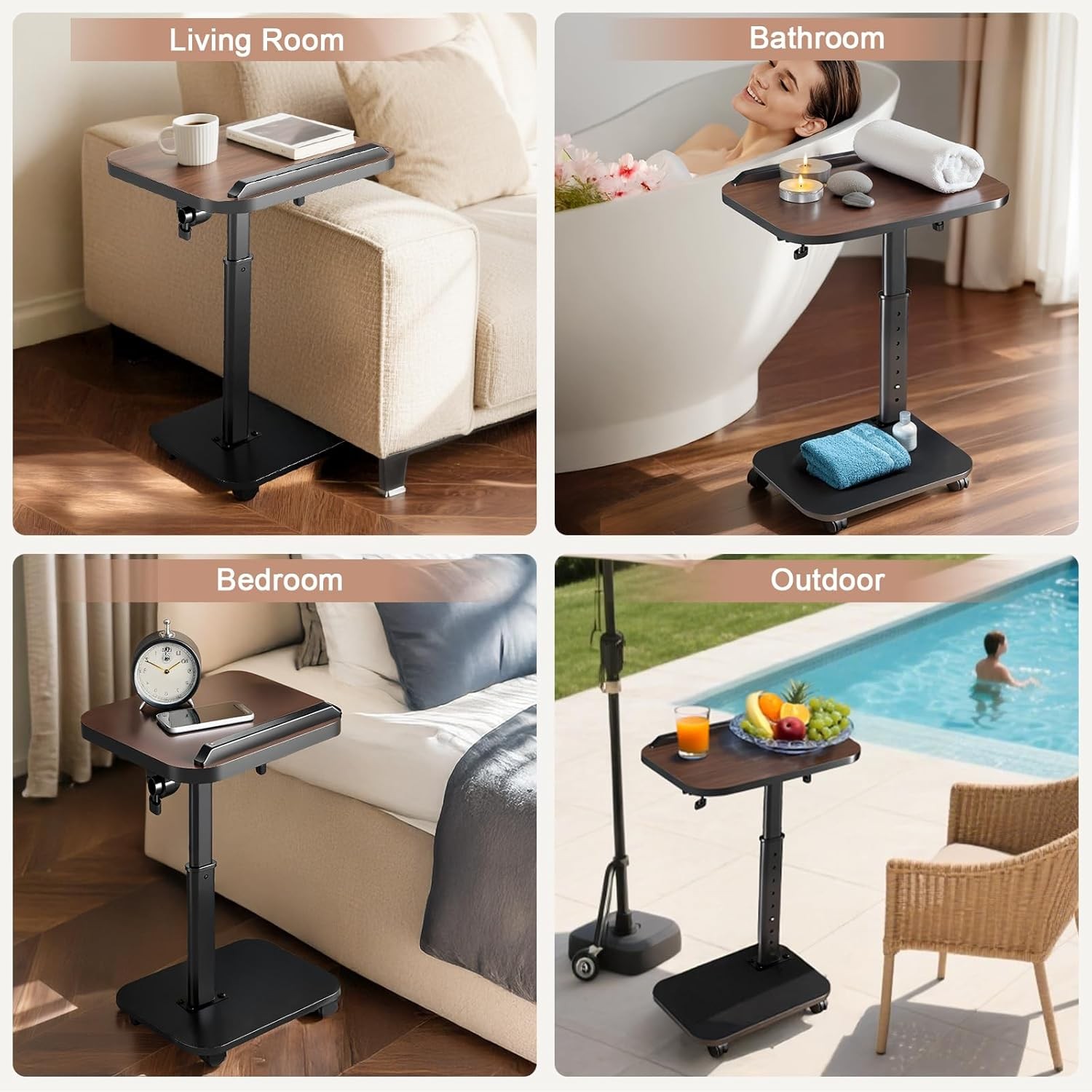 C Table End Table Adjustable Height Rolling TV Tray Table Small Spaces 180°