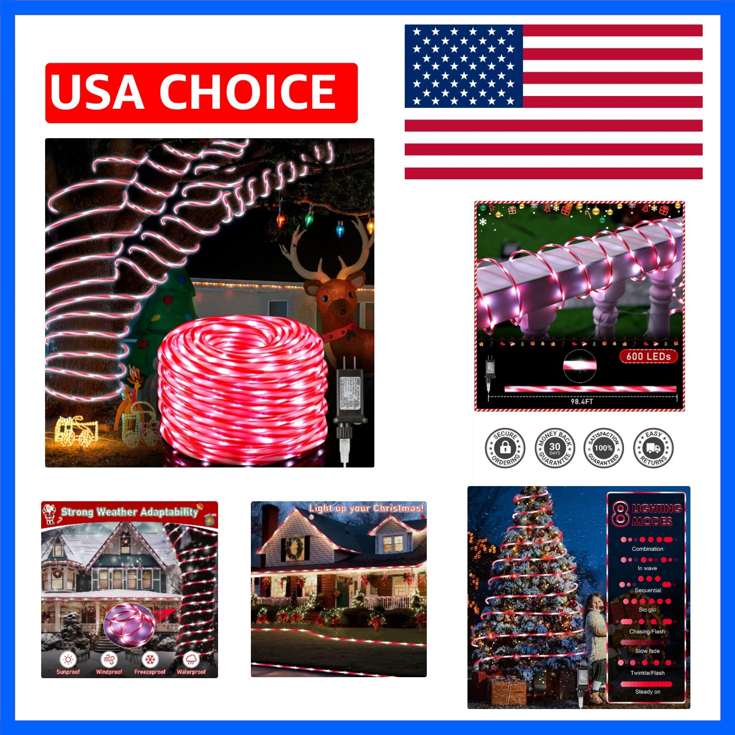 98.4 ft Christmas Candy Cane Rope Lights, 8 Lighting Modes Outdoor Waterproof...