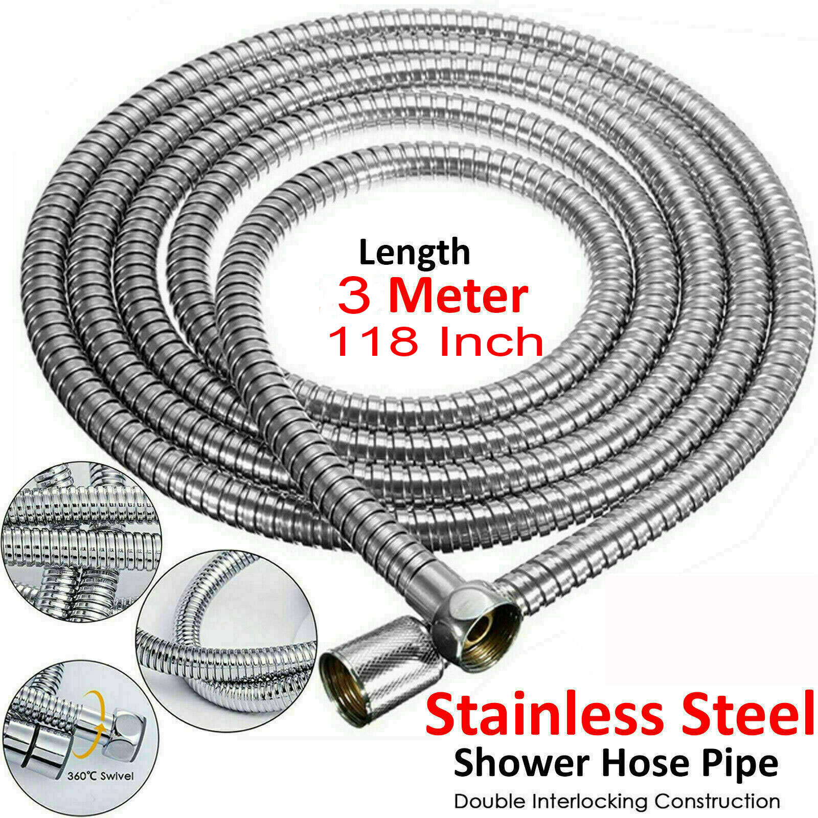 118" 3M Shower Head Hose Handheld Extra Long Stainless Steel Bathroom Flexible