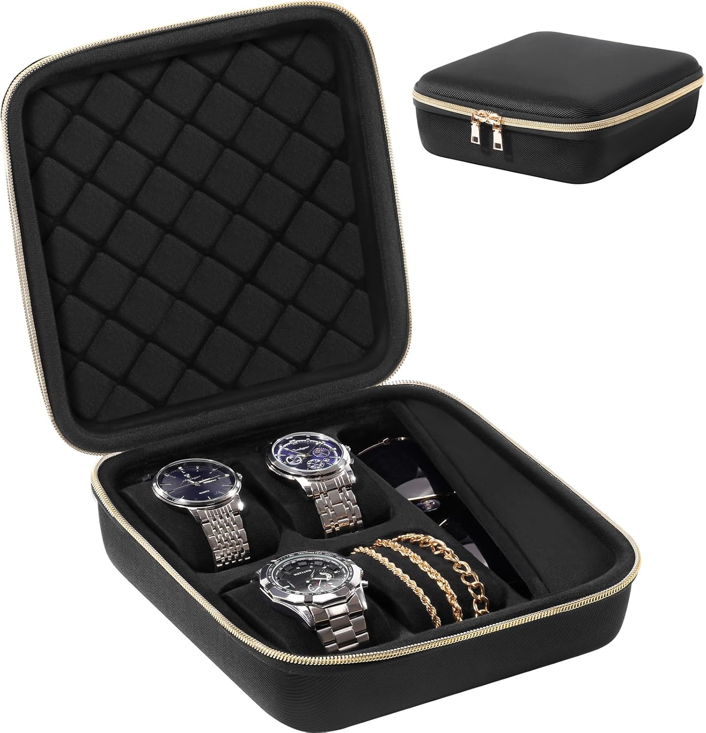 4-Slot Travel Watch Case for Men, Hard Shell Storage Box -Black | Travel Watch B