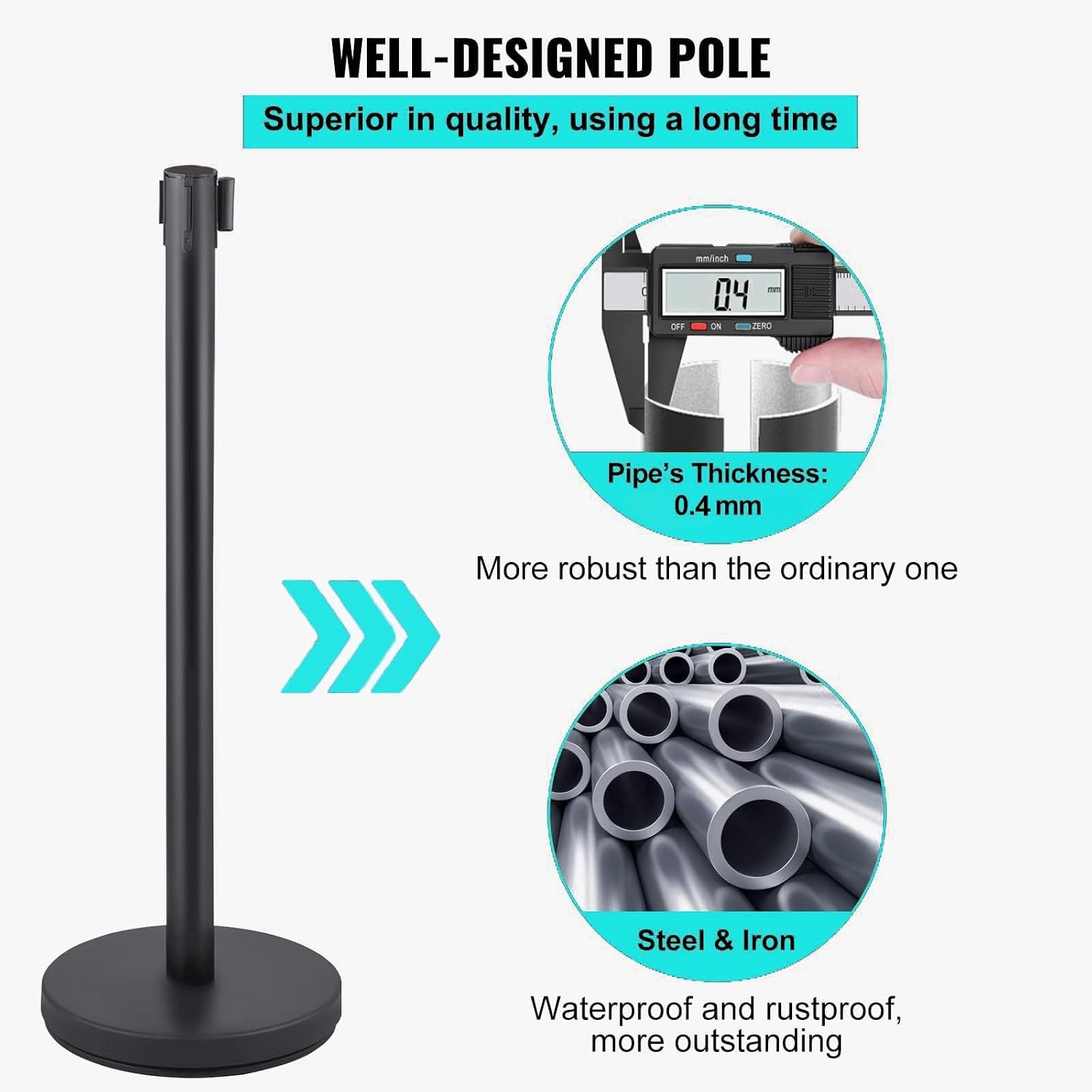 2Pcs Crowd Control Barrier Queue Poles w/ Retractable Belt Stanchion Posts Black