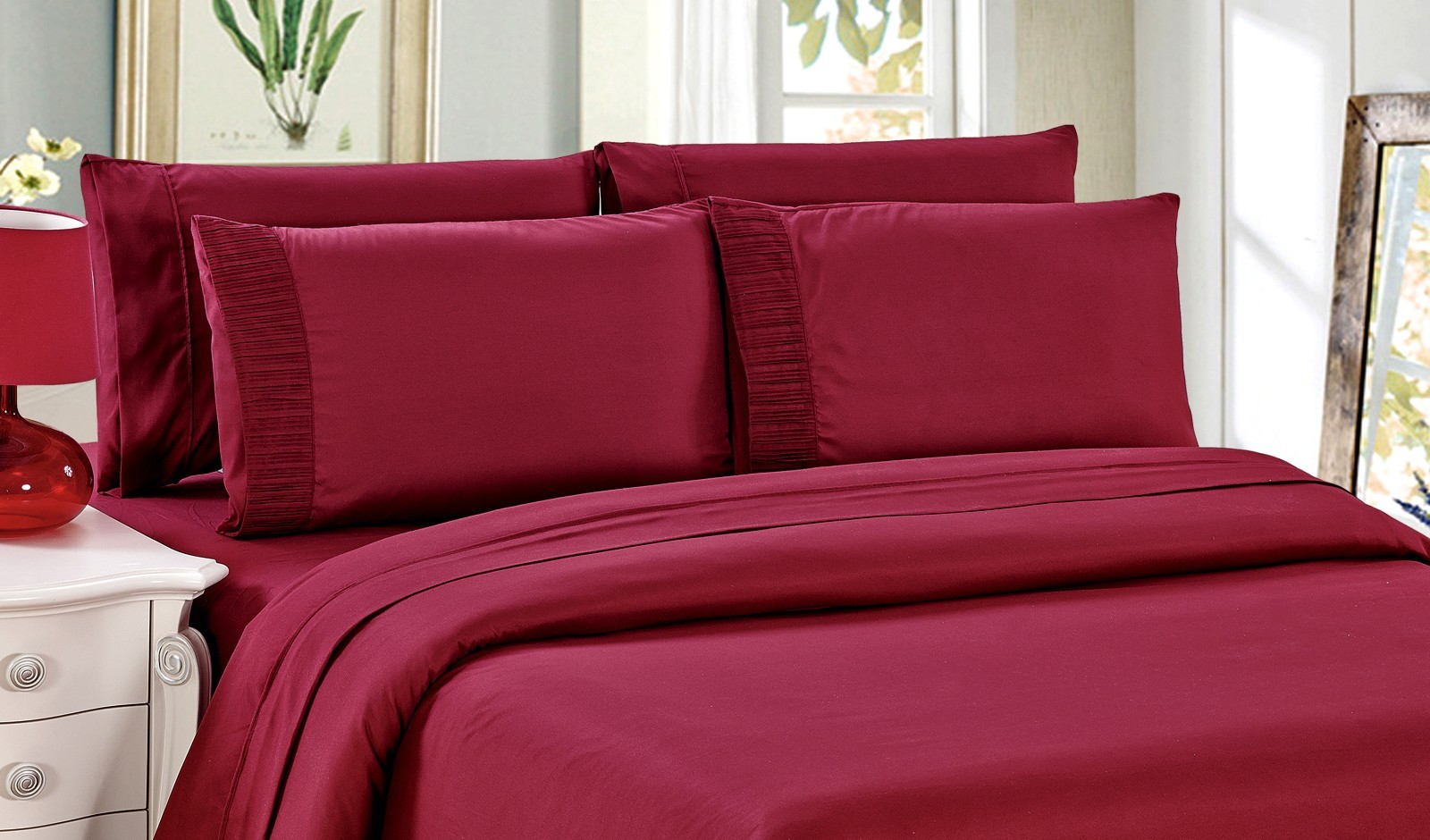Wrinkle Free Soft Bamboo 6 Pieces Sheet Set, Queen Size, Burgundy Red Color