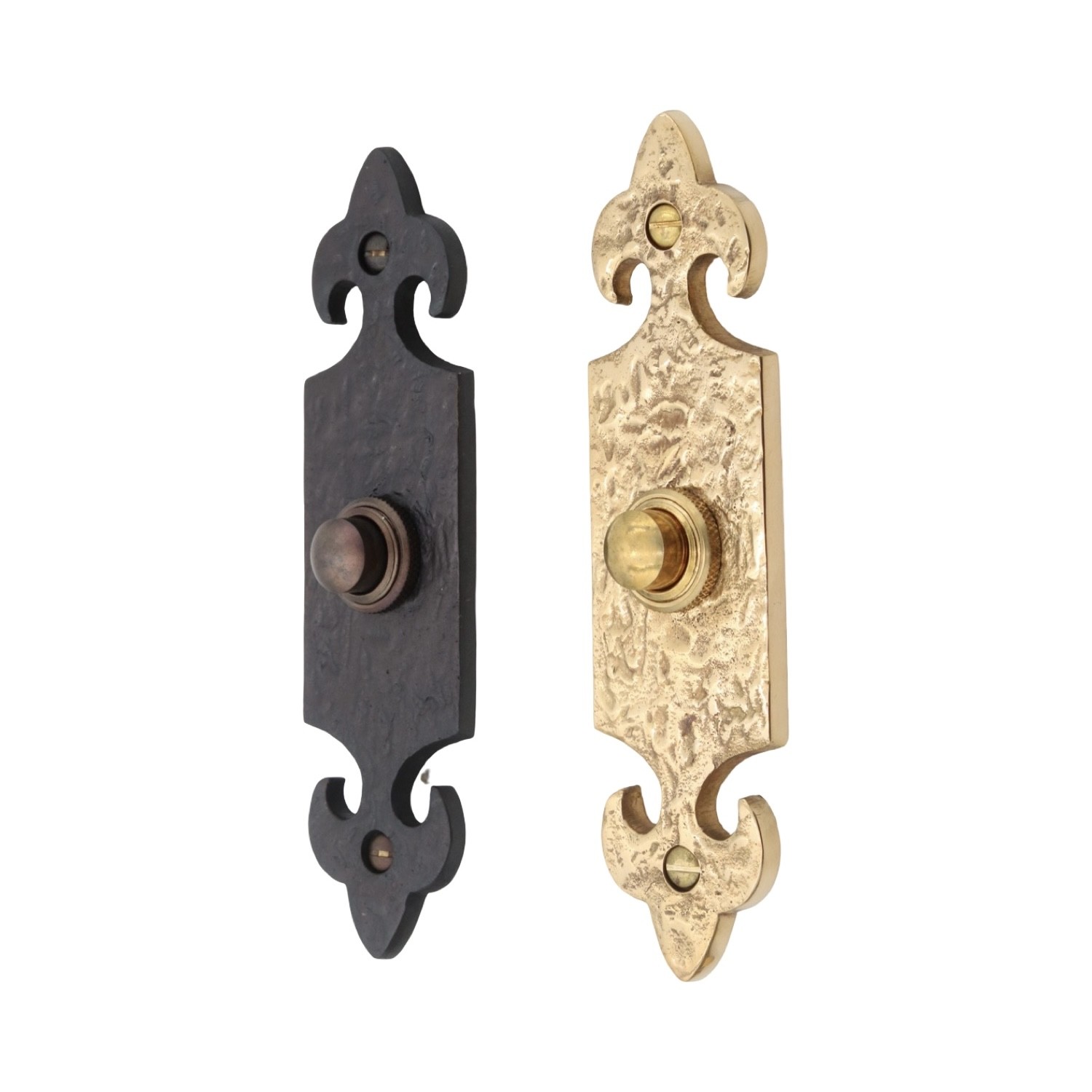 Solid Brass Fleur De Lis Doorbell with Rough Hammered Texture