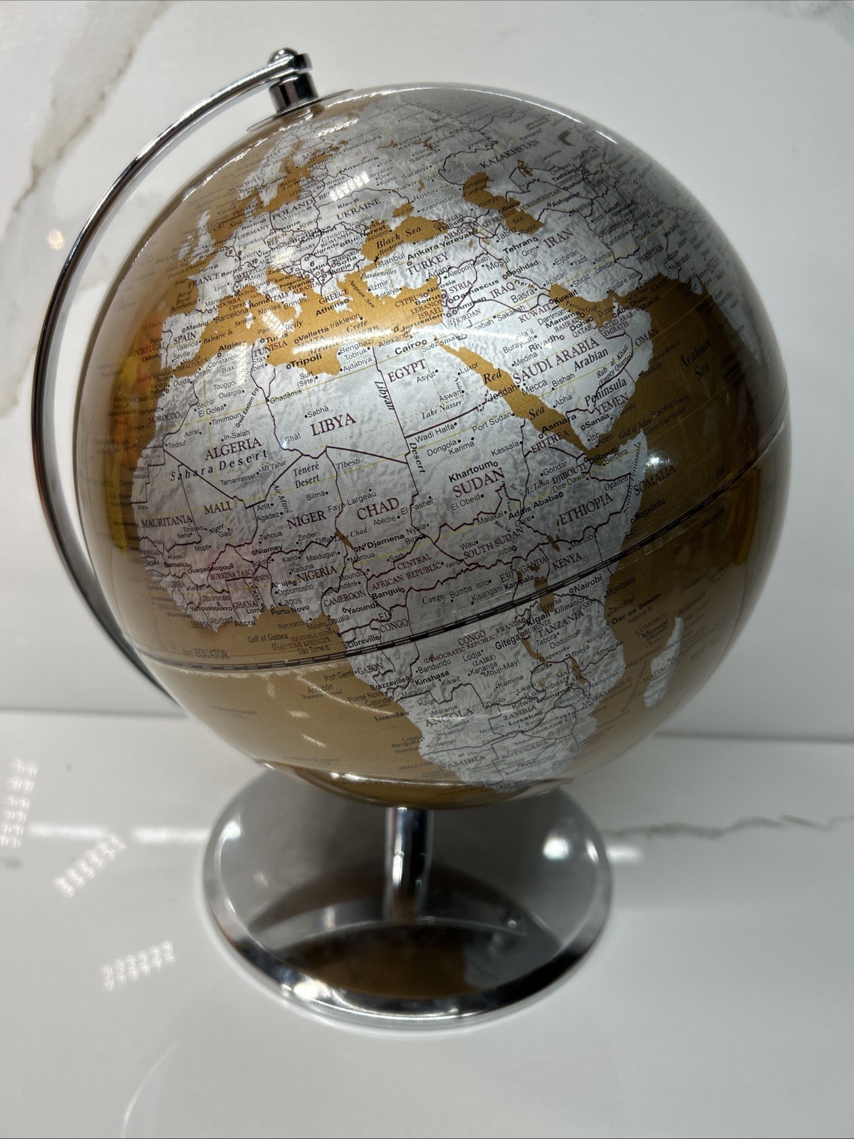 Drexel Heritage Two-Tone Gold/Silver World Globe 12" Tall Stainless Steel Base