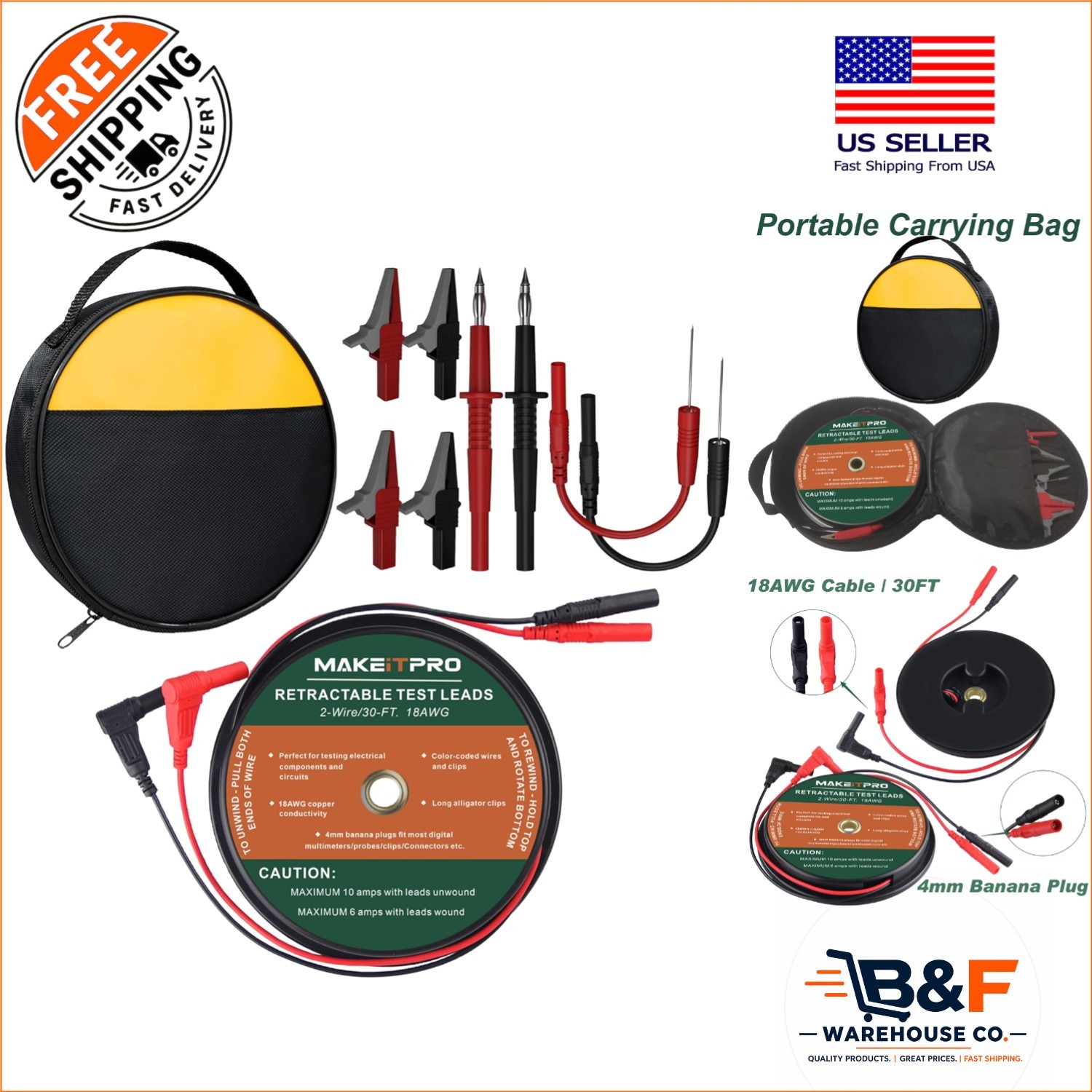 30FT Retractable  Leads with Alligator Clips for Accurate Electrical Testing