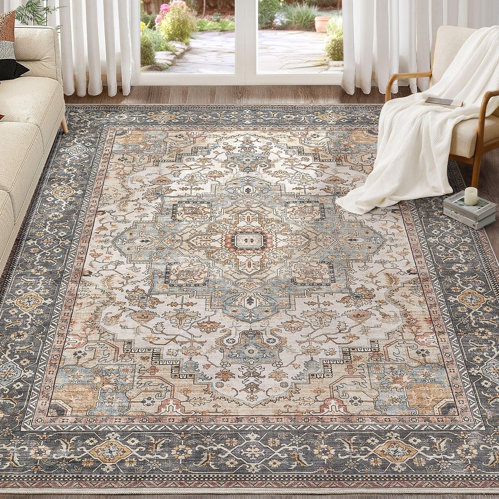EIEIHOUSE Washable Area Rugs for Living Room - 9x12 Neutral Vintage Distresse...