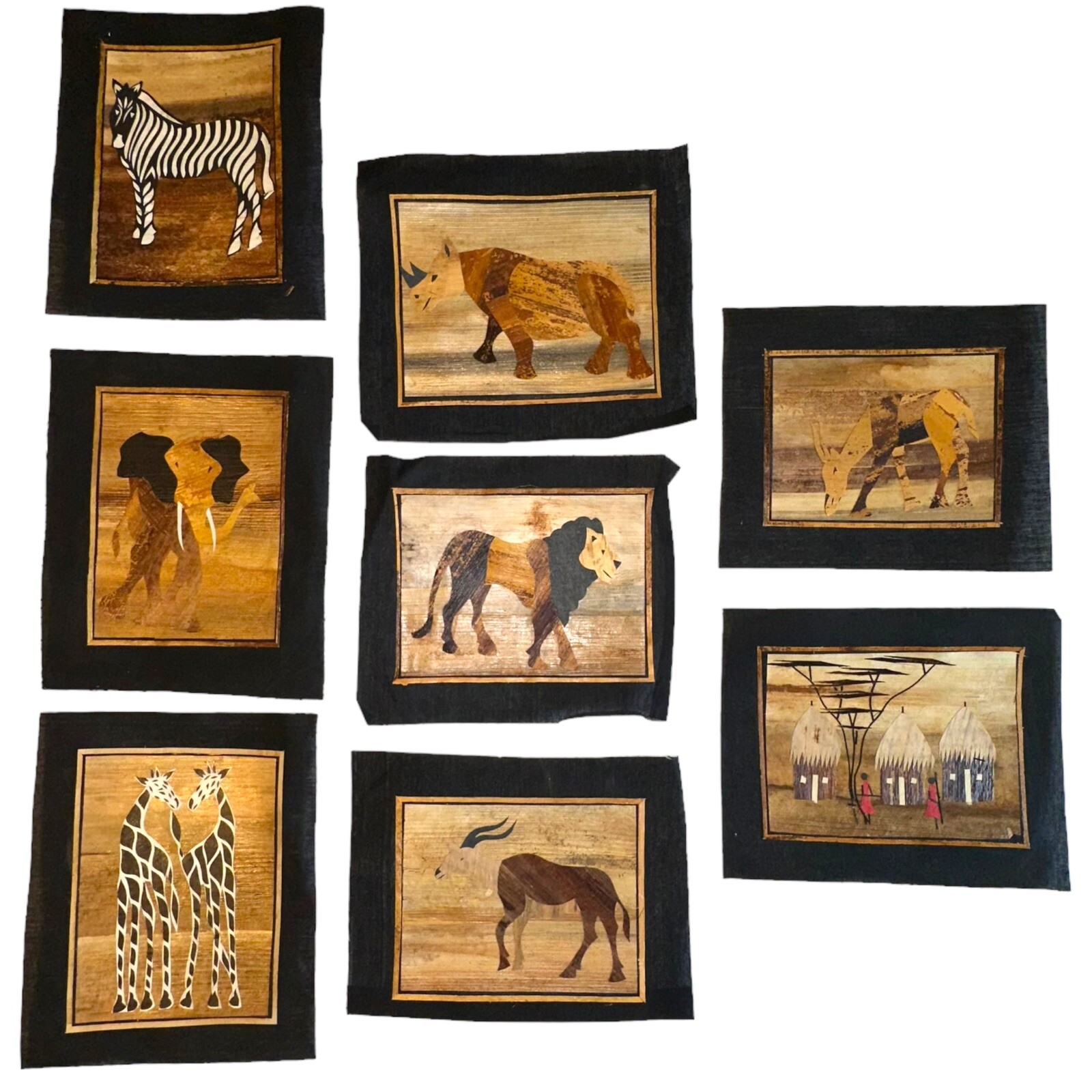 SET of 7 African Art Banana Leaf Fiber Collage Giraffe Lion Zebra Rhino Village+