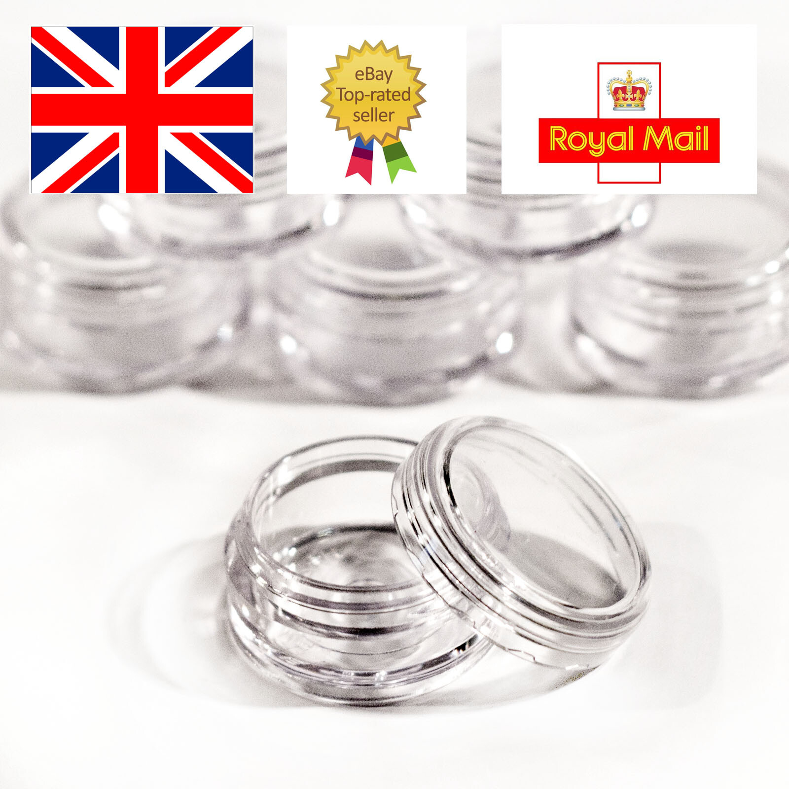 50 x 5ml screw top craft pots for glitter, lip balm CLEAR LIDS jdc-50