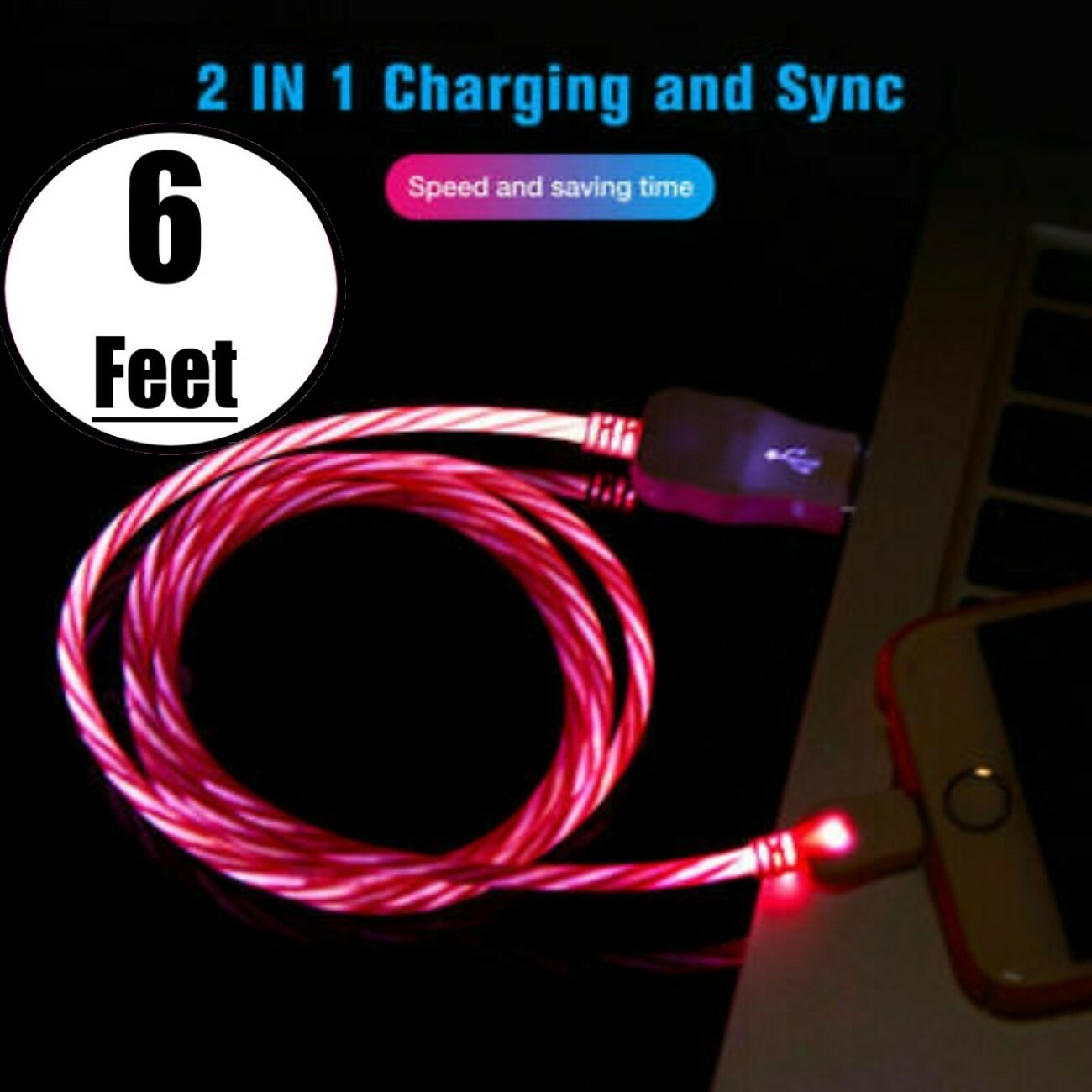 2 Pack 6ft LED Fast Charge Light Up Cable Cord for Samsung Apple iPhone Galaxy