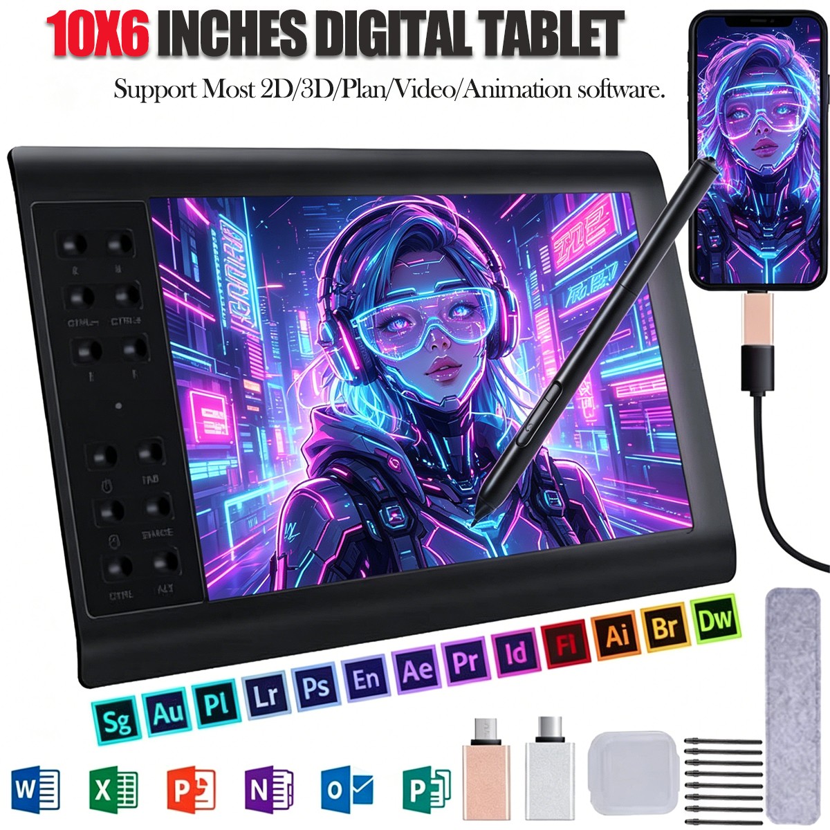 Digital Drawing Tablet Hd Screen Graphics Tablet With Battery-free Pen 10*6 Inch