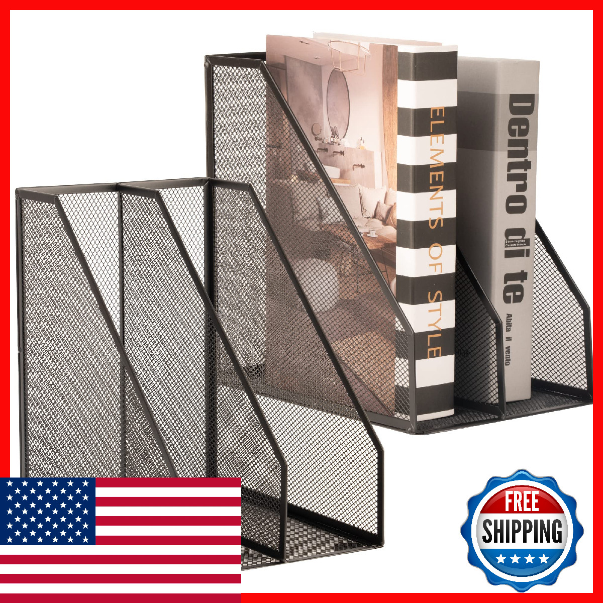 Asifmthot 2 Set Magazine Holder Metal Wire 2 Compartments Mesh File Holder For
