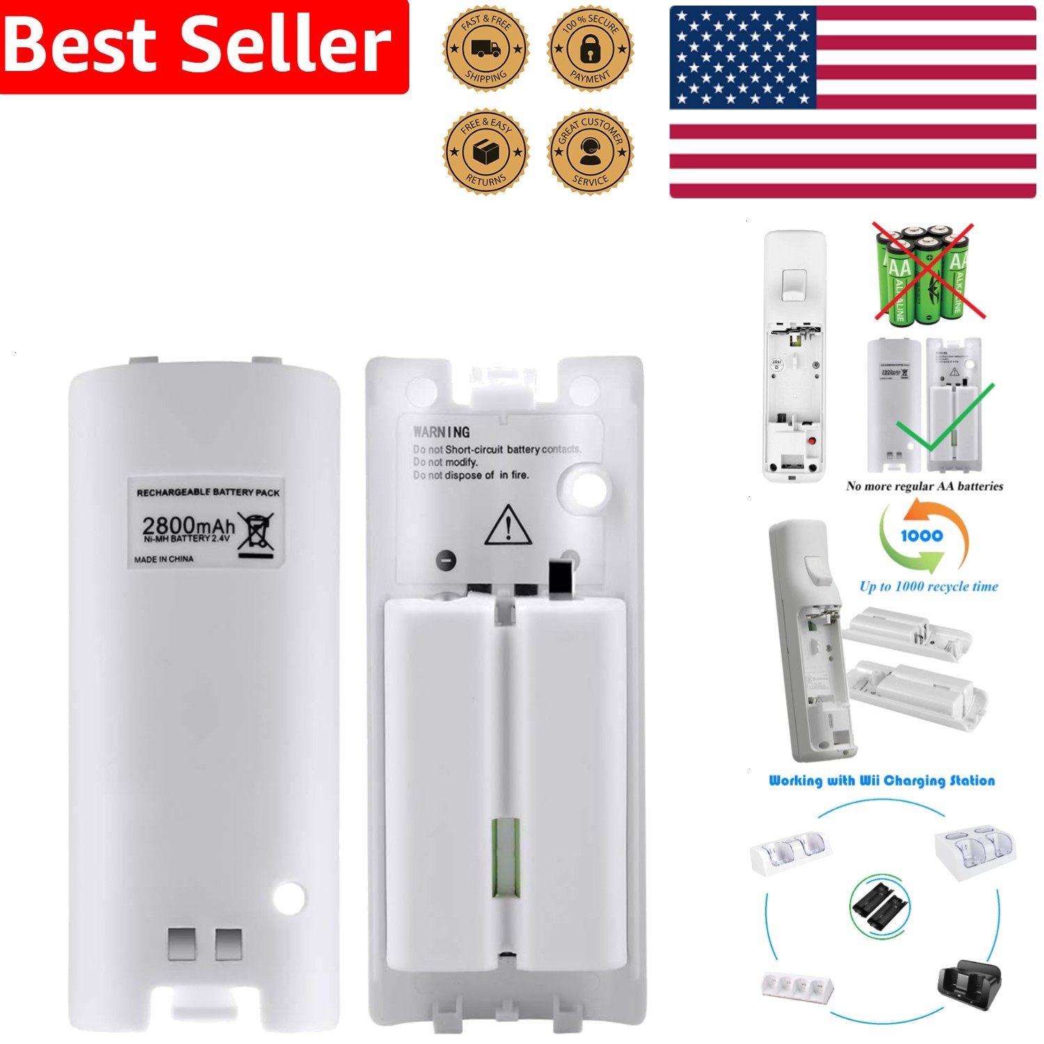 2x 2800mAh Rechargeable Wii Remote Batteries Ni-MH White Replacement Power