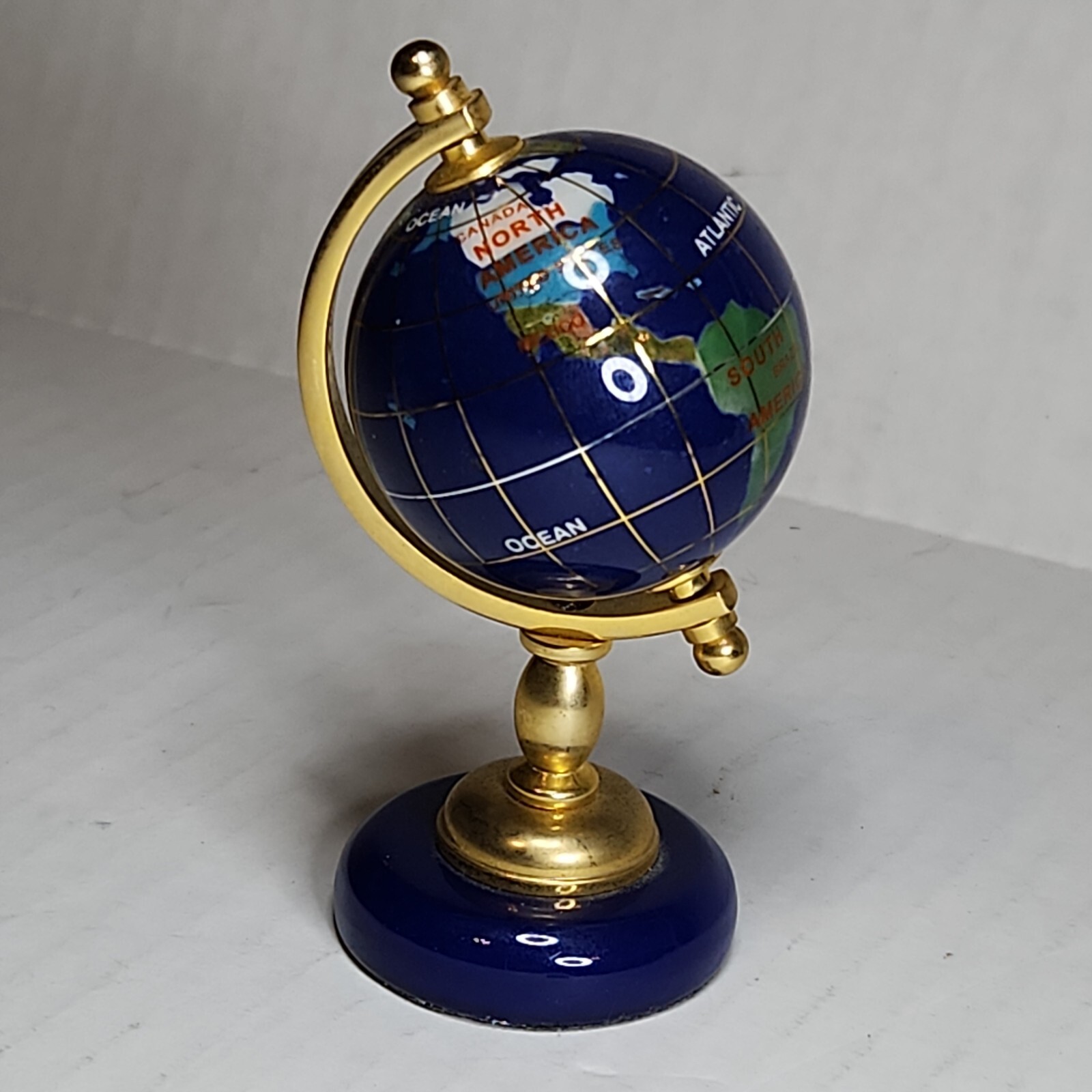 Vtg Desktop Globe Semi Precious Inlaid 4” Lapis Abalone Pearl EUC