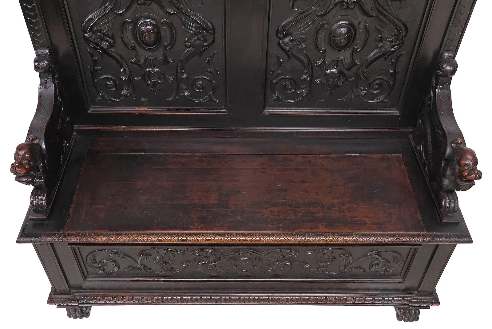 Hall Bench, Italian Renaissance Revival, Walnut, w/ Dragons, Storage, 1800s!