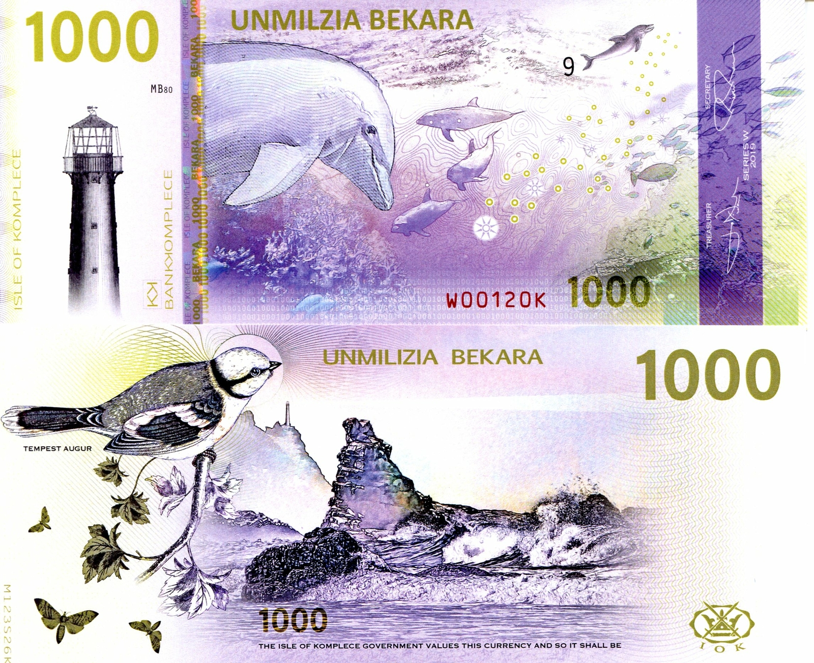 ISLE OF KOMPLECE 1000 BEKARA POLYMER FANTASY ART NOTE MUJAND SEA CREATURES BIRD!