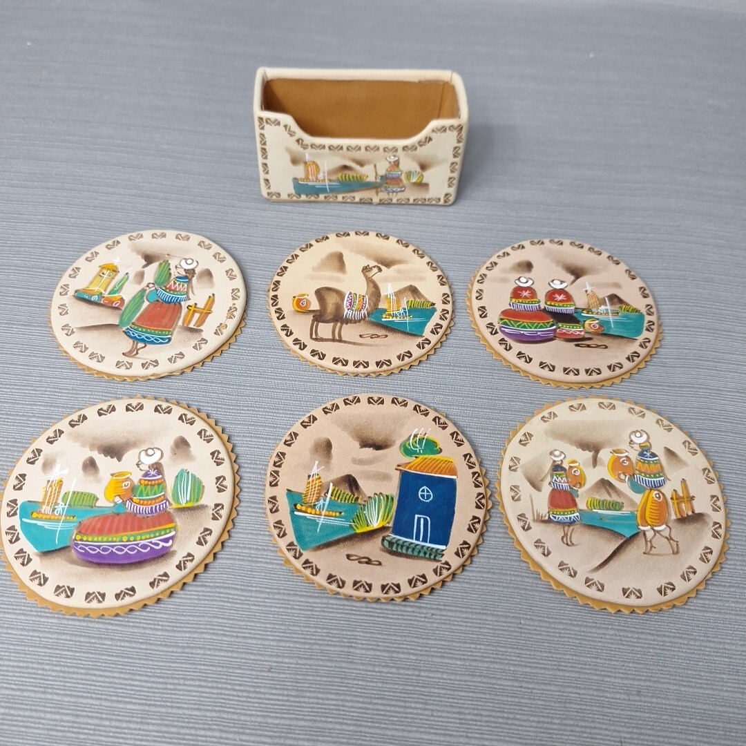 Vintage Hand Painted Leather Coasters Set 6 With Holder Peru Folk Art