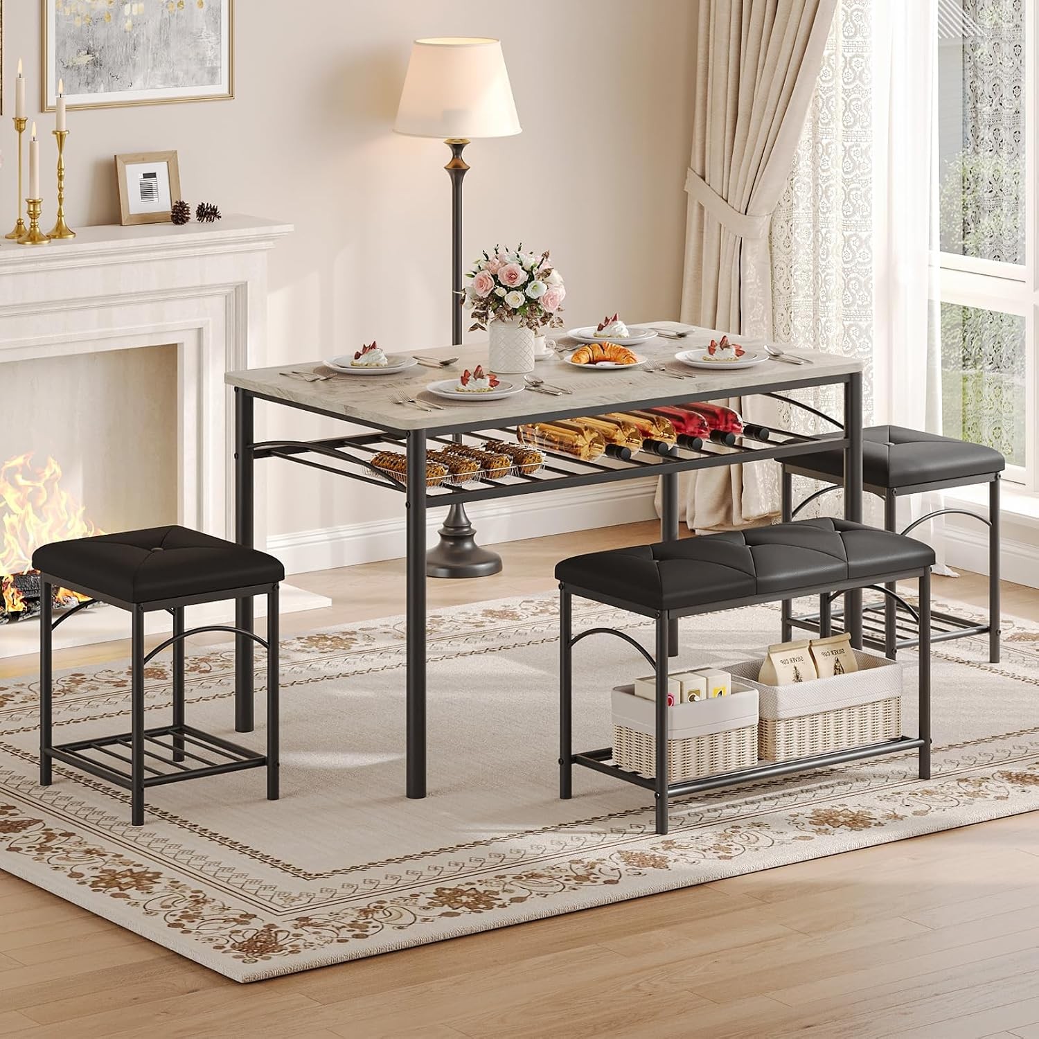 Dining Table Set 4 W/ Upholstered Benches & 2 Stools Modern Space Saving Kitchen