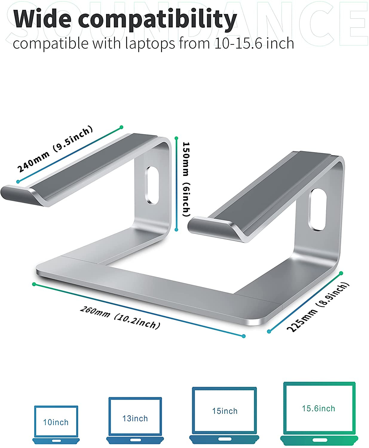 SOUNDANCE Laptop Stand, Aluminum Computer Riser, Ergonomic Laptops Elevator for