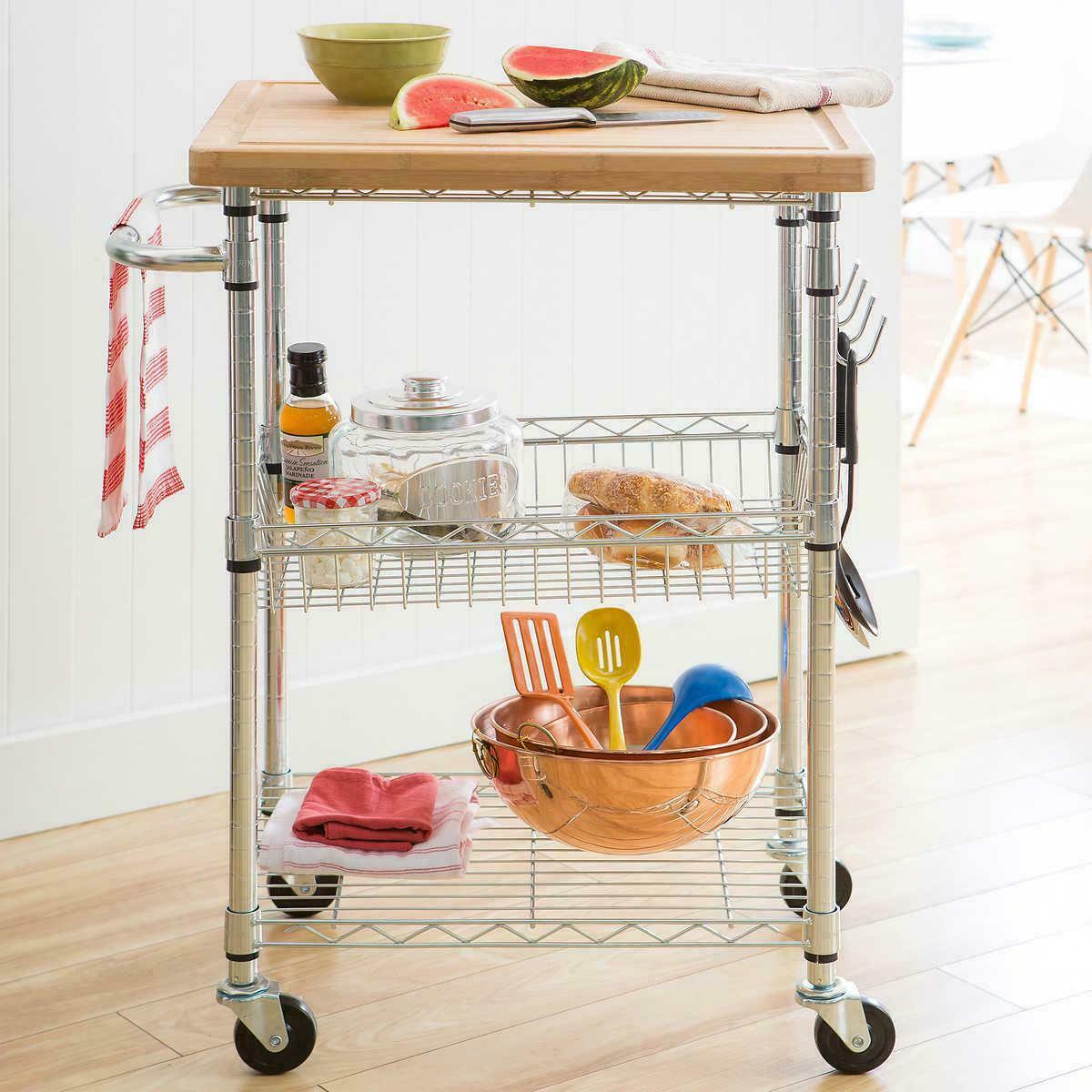 EcoStorage Kitchen Cart with Bamboo Cutting Board Swivel Wheels