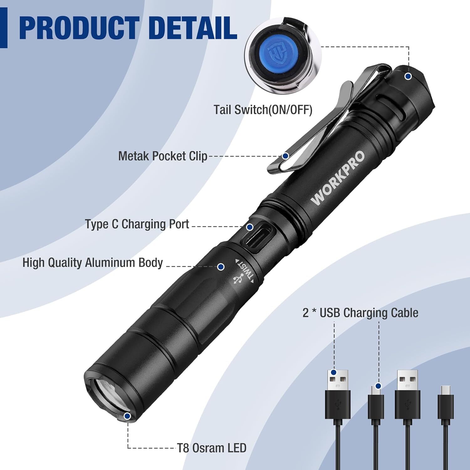 WORKPRO 2PCS Rechargeable Pen Light Mini Flashlight Ultra-Compact EDC Flashlight