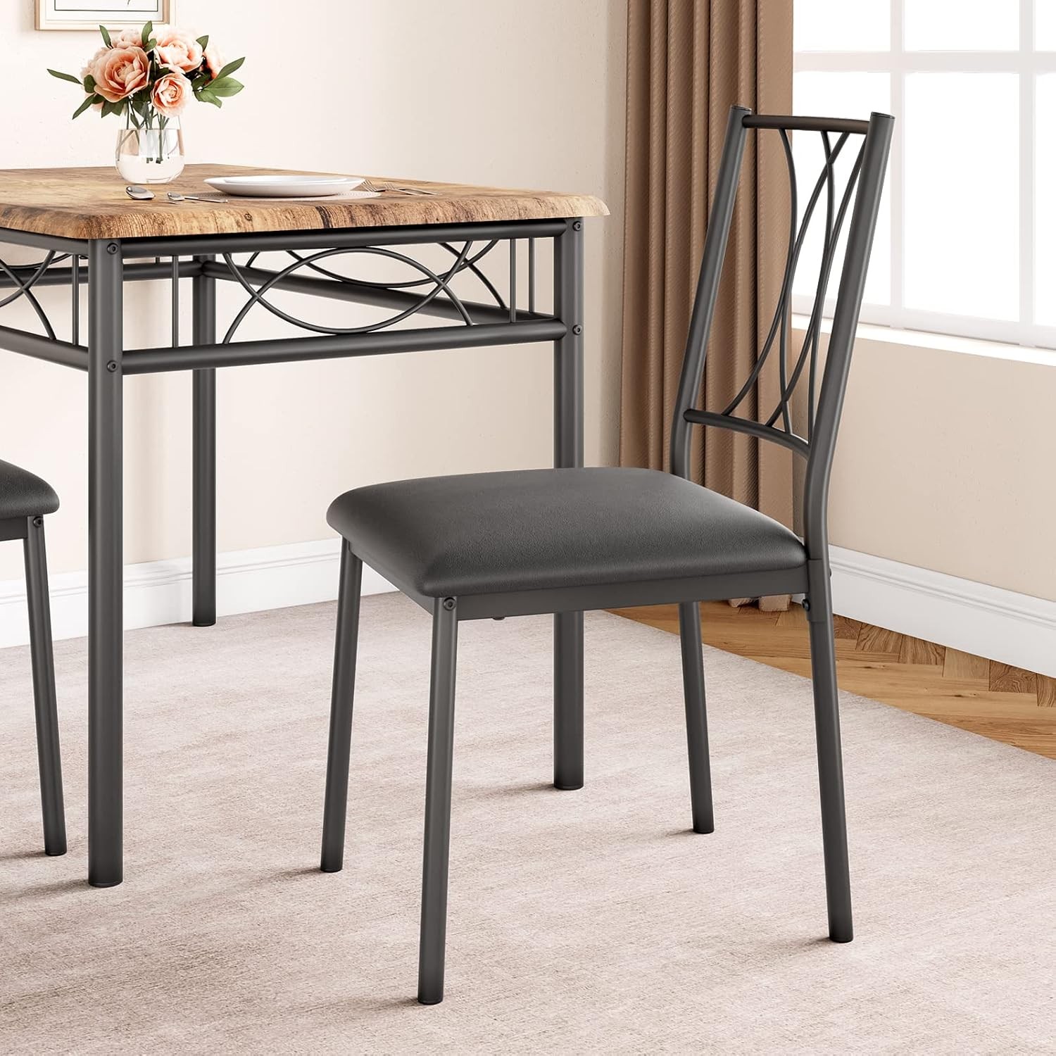 Rustic Dining Table Set for 4, MDF Top & Metal Frame with Upholstered Chairs