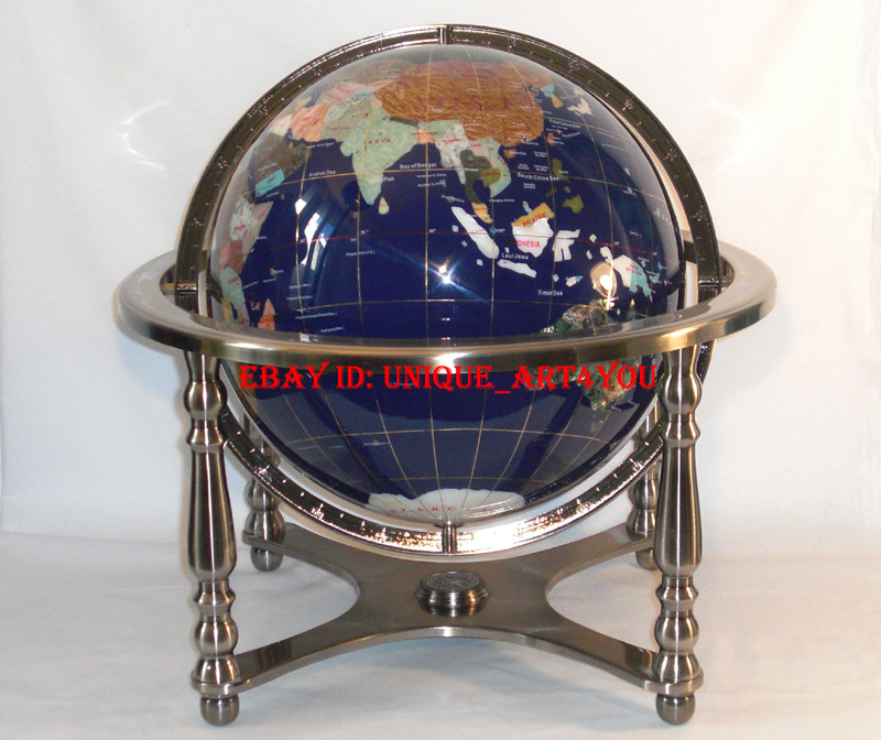 Unique 21" Tall Blue Lapis Ocean Silver Leg table Gem Gemstone World Map Globe