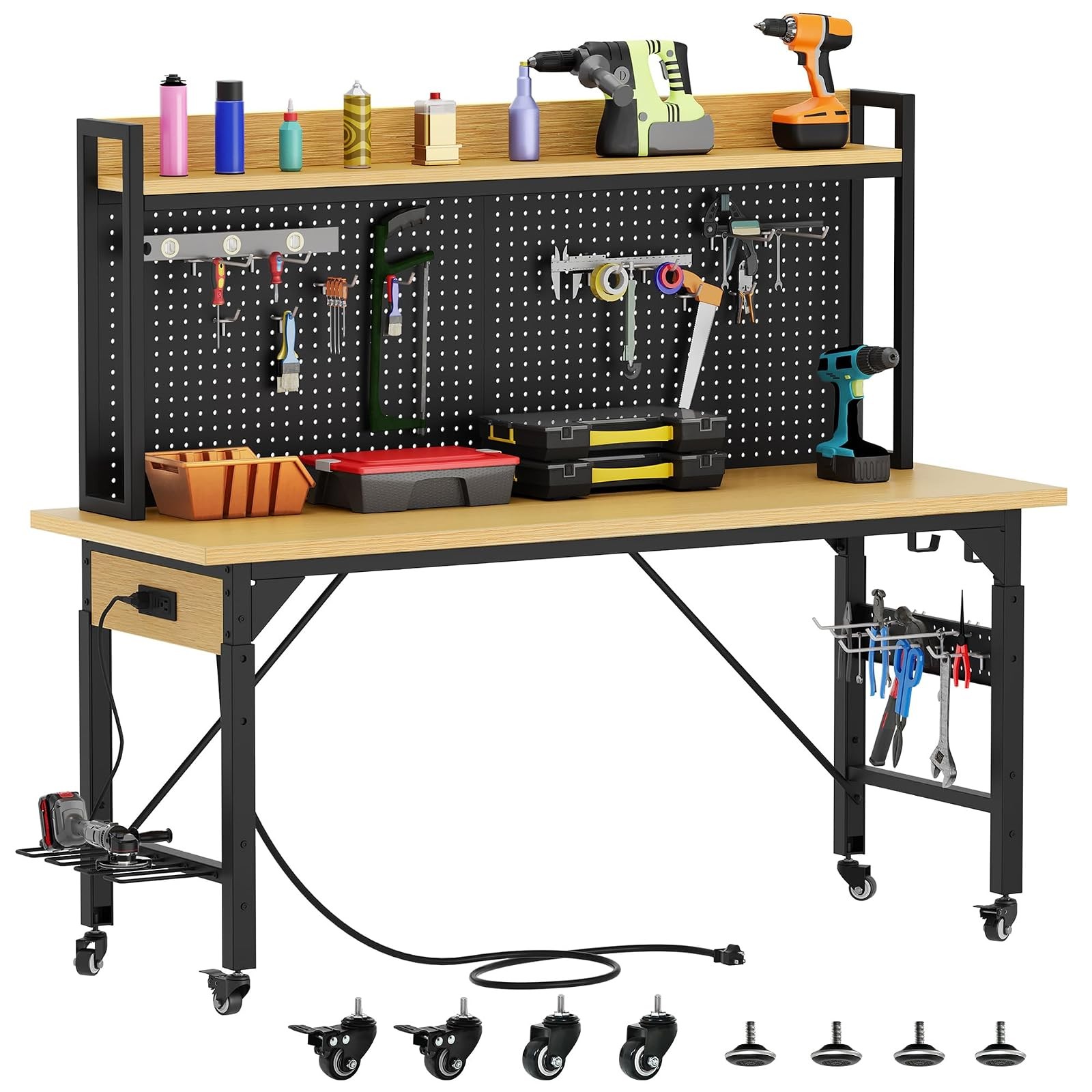 Adjustable Workbench 48in Pegboard 1600lb AC USB Outlet