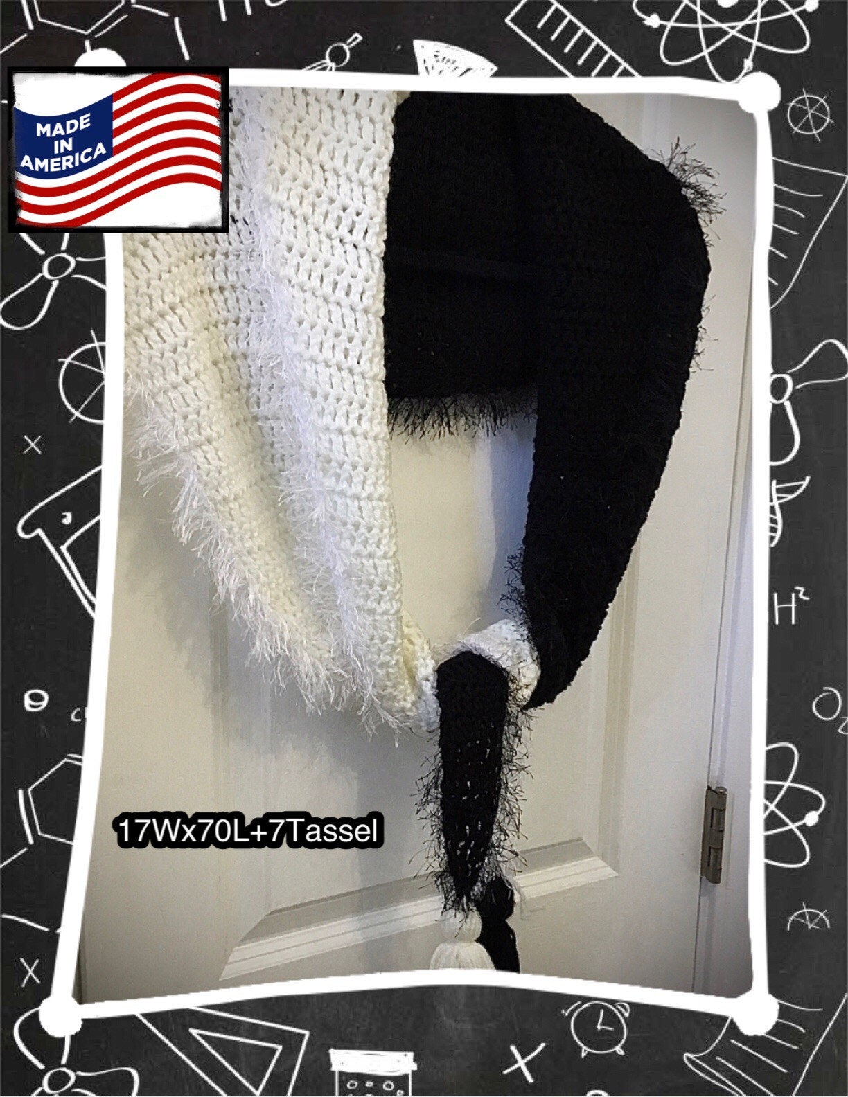Handmade Crocheted Scart Shawl Black White With Fun Fun & Tassels