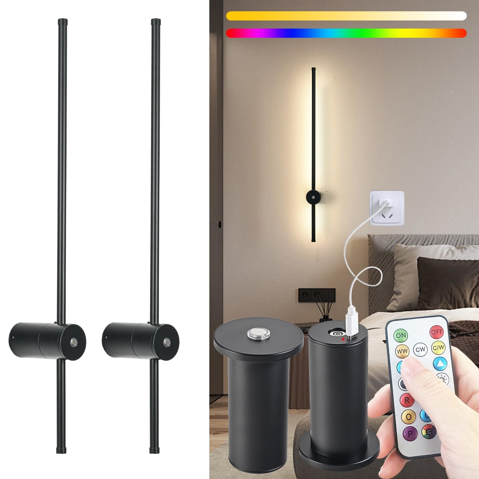 31.5 inch Battery Operated Wall Sconce Set Of 2, 10000mAh Rechargeable Wall L...