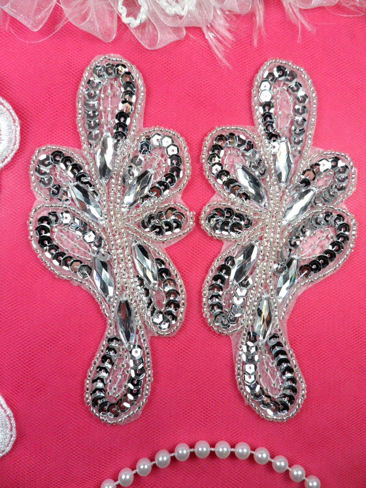 Appliques Mirror Pair Silver Jeweled Sequin Beaded Dance 5.25" (JB120X-sl)