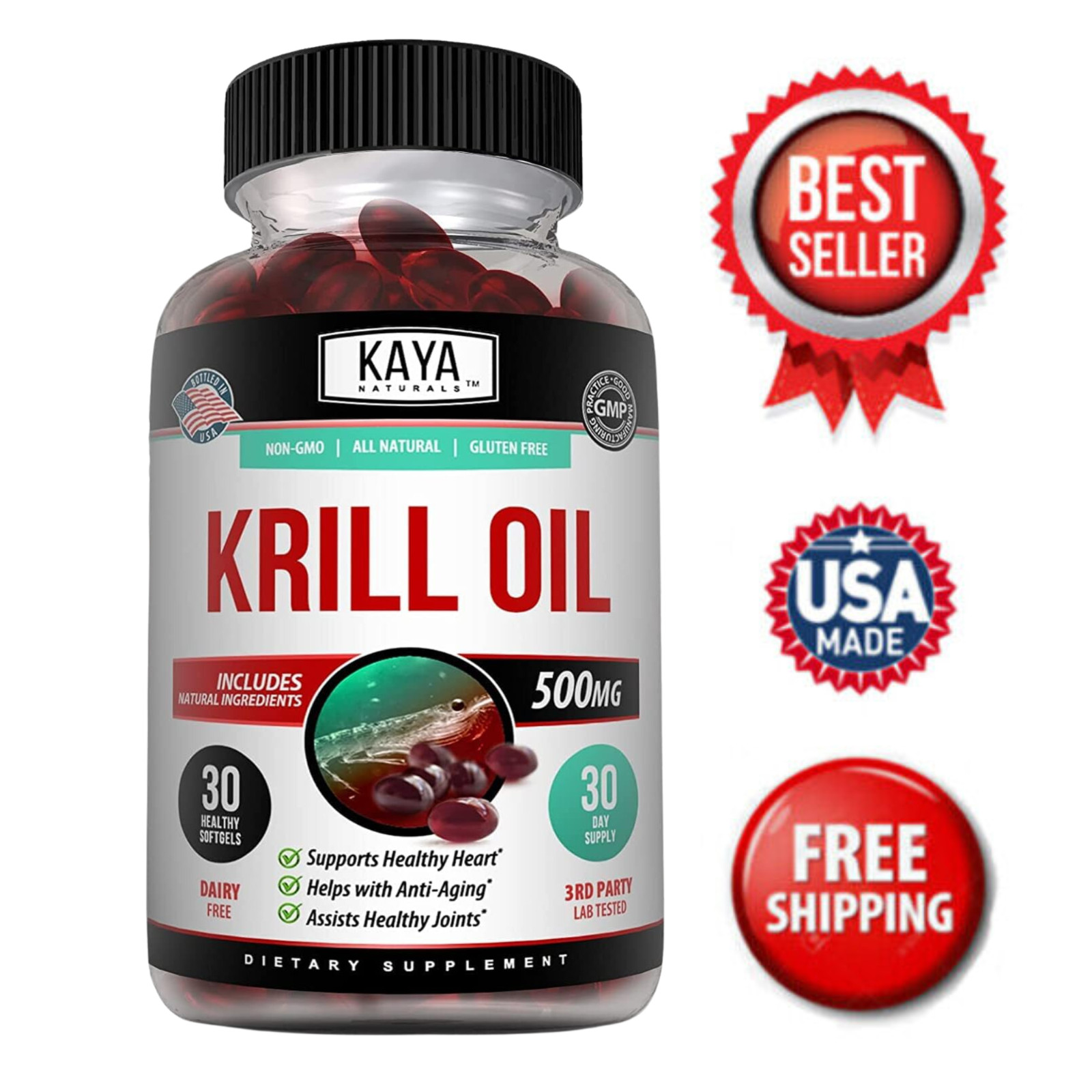 Krill Oil 500 mg With Omega-3, EPA, DHA, and Astaxanthin Supplement