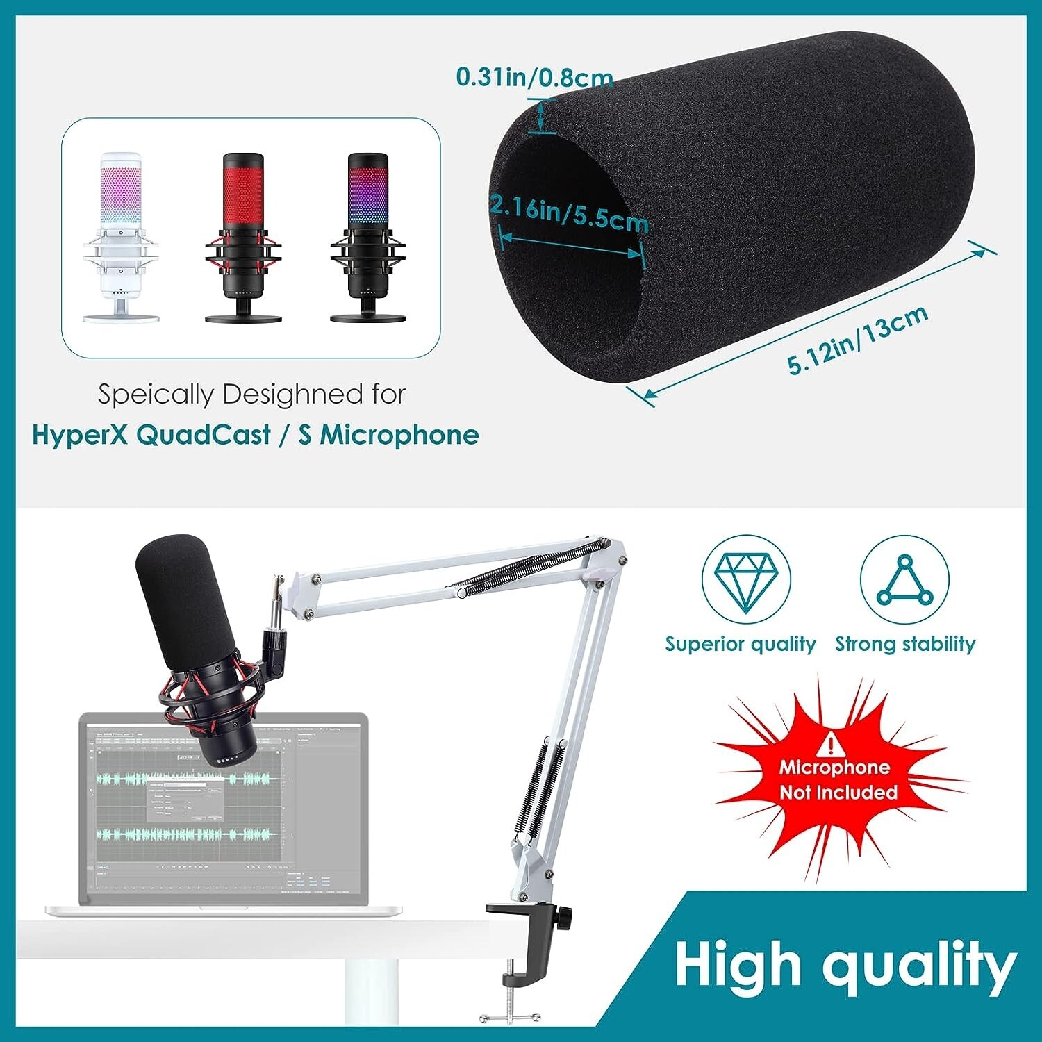 White Mic Arm Compatible with Hyperx Quadcast S - Premium Quadcast S Microphone