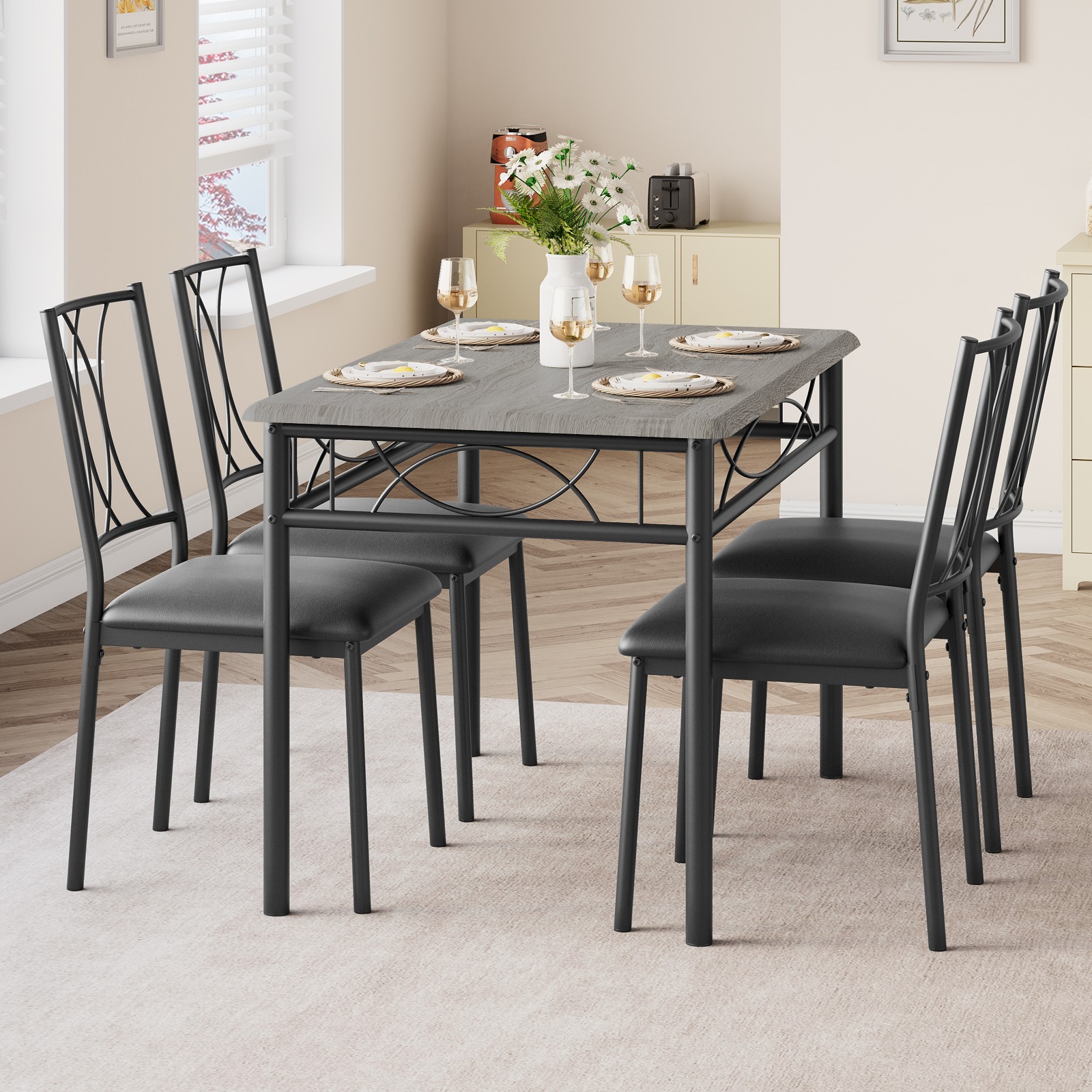 Dining Table Set For 4, Grey Dining Room Table Set With 4 Upholstered Chairs