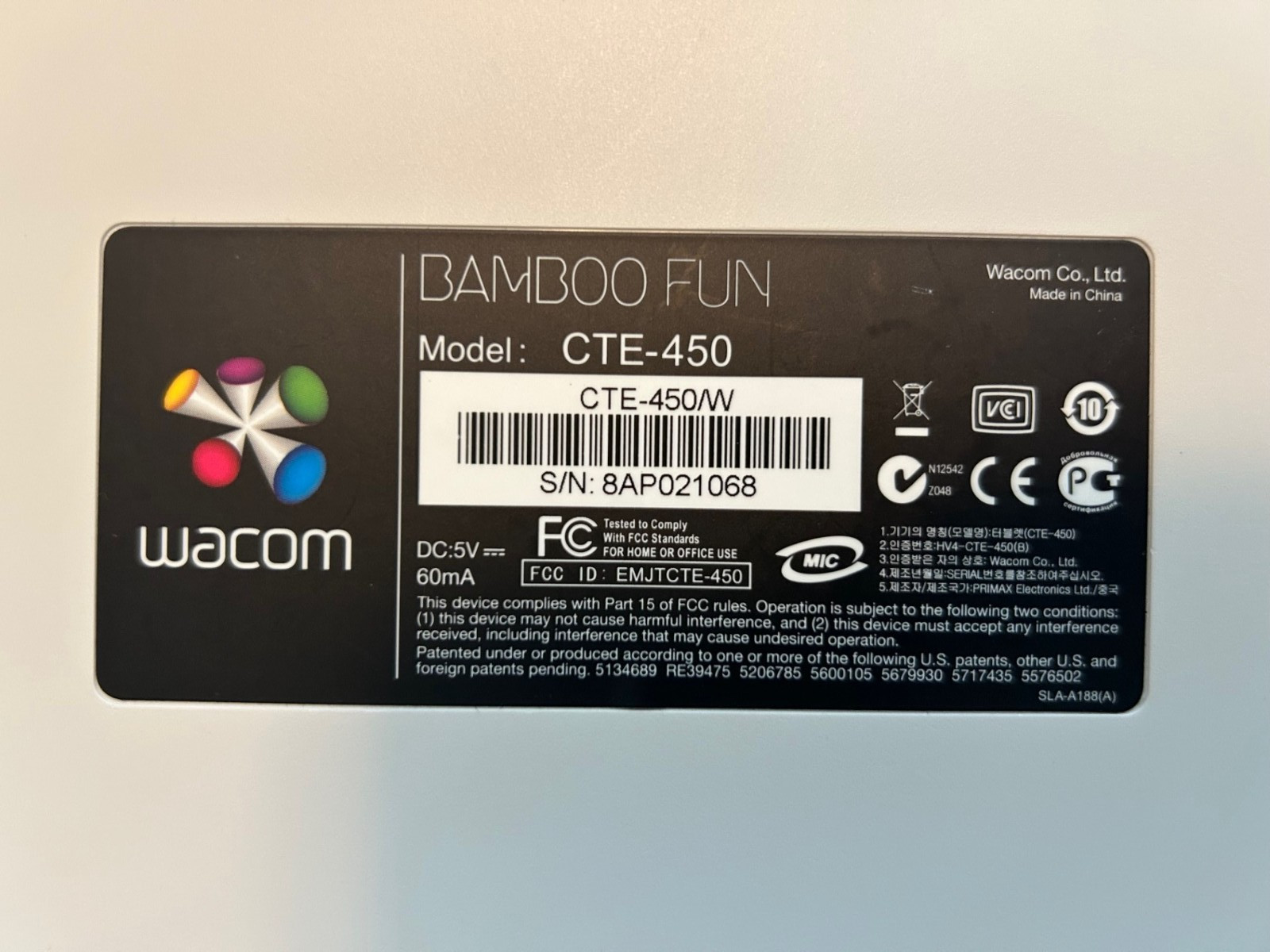 Wacom Bamboo Fun Pen Tablet Model CTE450W. Complete. Used.