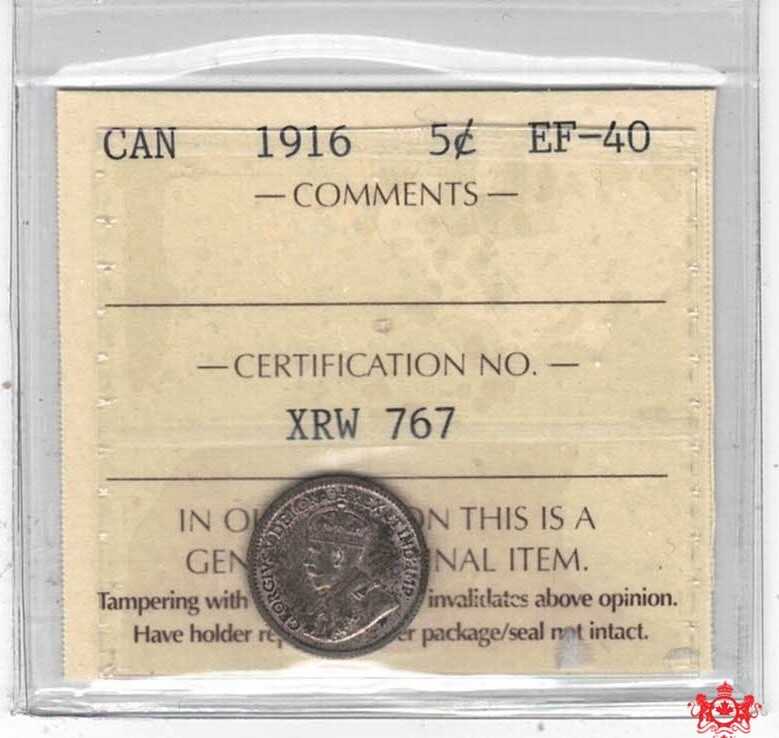 1916 Canada 5 Cents - ICCS EF40 - XRW 767