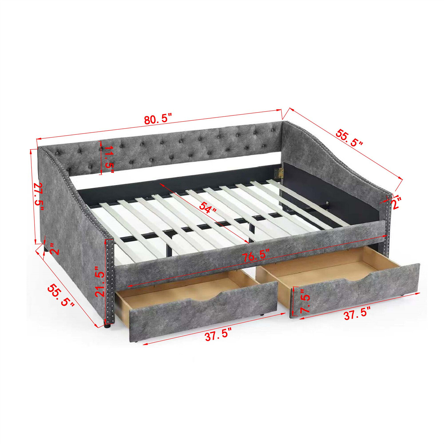 Full Size Daybed Upholstered Bed Frame Sofa Bed with 2 Storage Drawer US