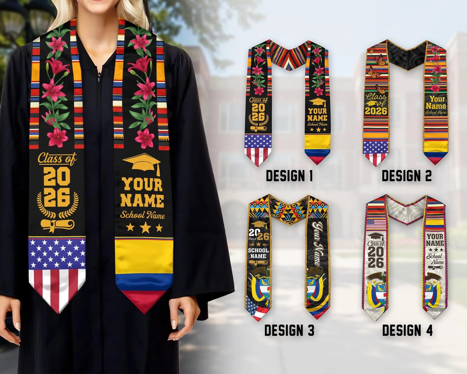 Custom Colombian American Flag Graduation Sash 2026 Colombia Pride Grad Stole