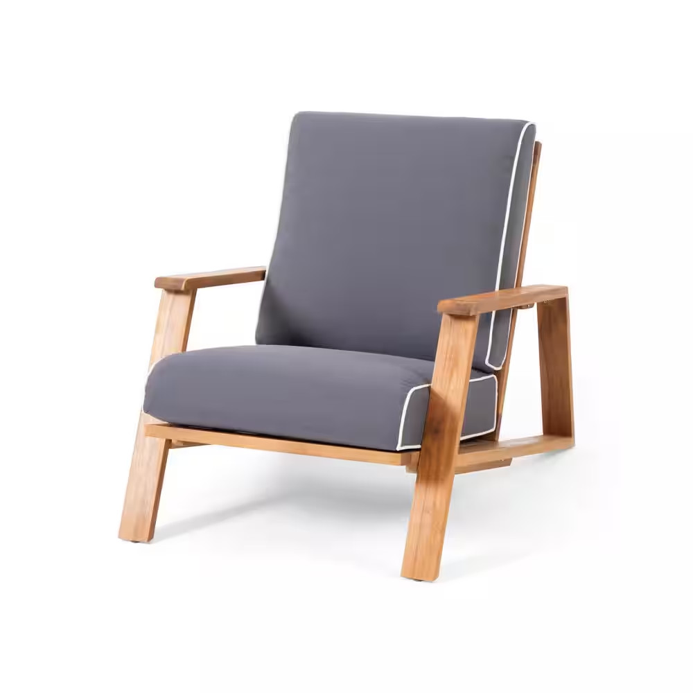 Acacia Wood Outdoor Lounge Chair with Dark Grey Cushions-Modern Adirondack-Style