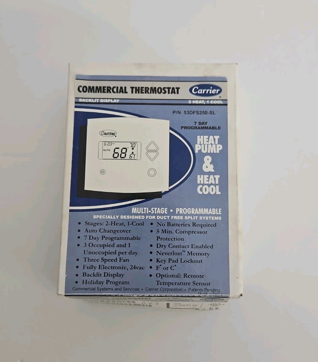 Carrier Thermostat P/N 53DFS250-SL Backlit Display 2 Heat 1 Cool White